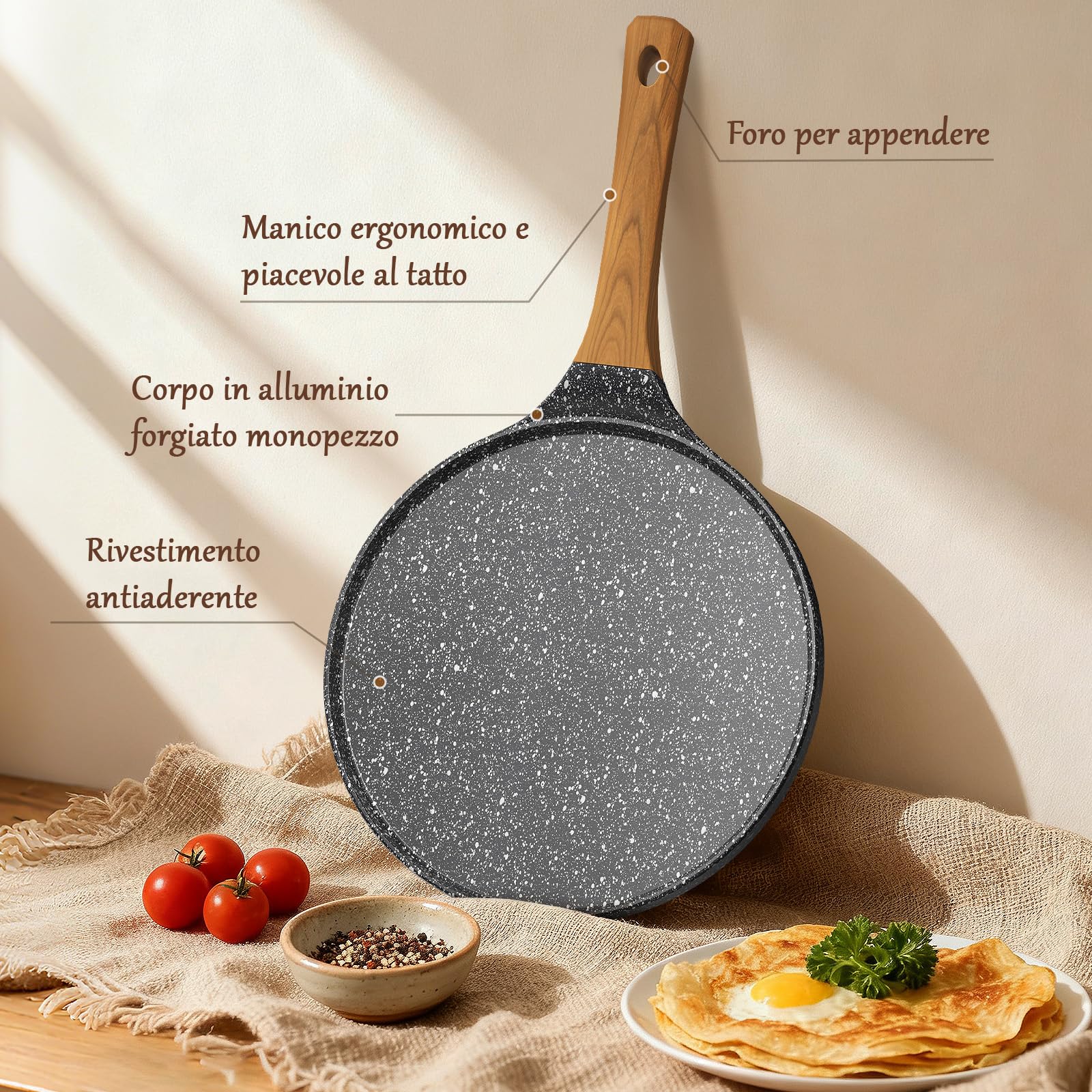 YASHE Padella per Crêpes 26 cm, Antiaderente e Piatta, Padella per Pancake, con Spatola in Legno, Facile da Pulire, Ideale per Crêpes, Pancake e Omelette