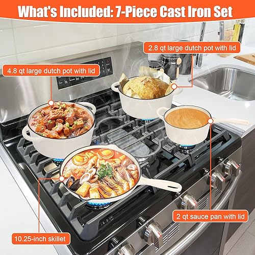 Miniatura 2 de QuliMetal Juego de utensilios de cocina de hierro fundido esmaltado antiadherente, 7 ollas y sartenes con tapa, sartén para freír, sartén para