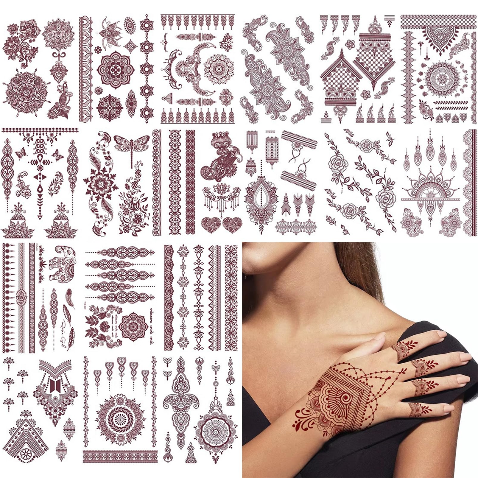 Brown Lace Tattoo Stickers 18 Sheets Water Transfer Fake Temporary Tattoos Kit for Women Elegant Arm Body Art Stickers with Floral Patterns