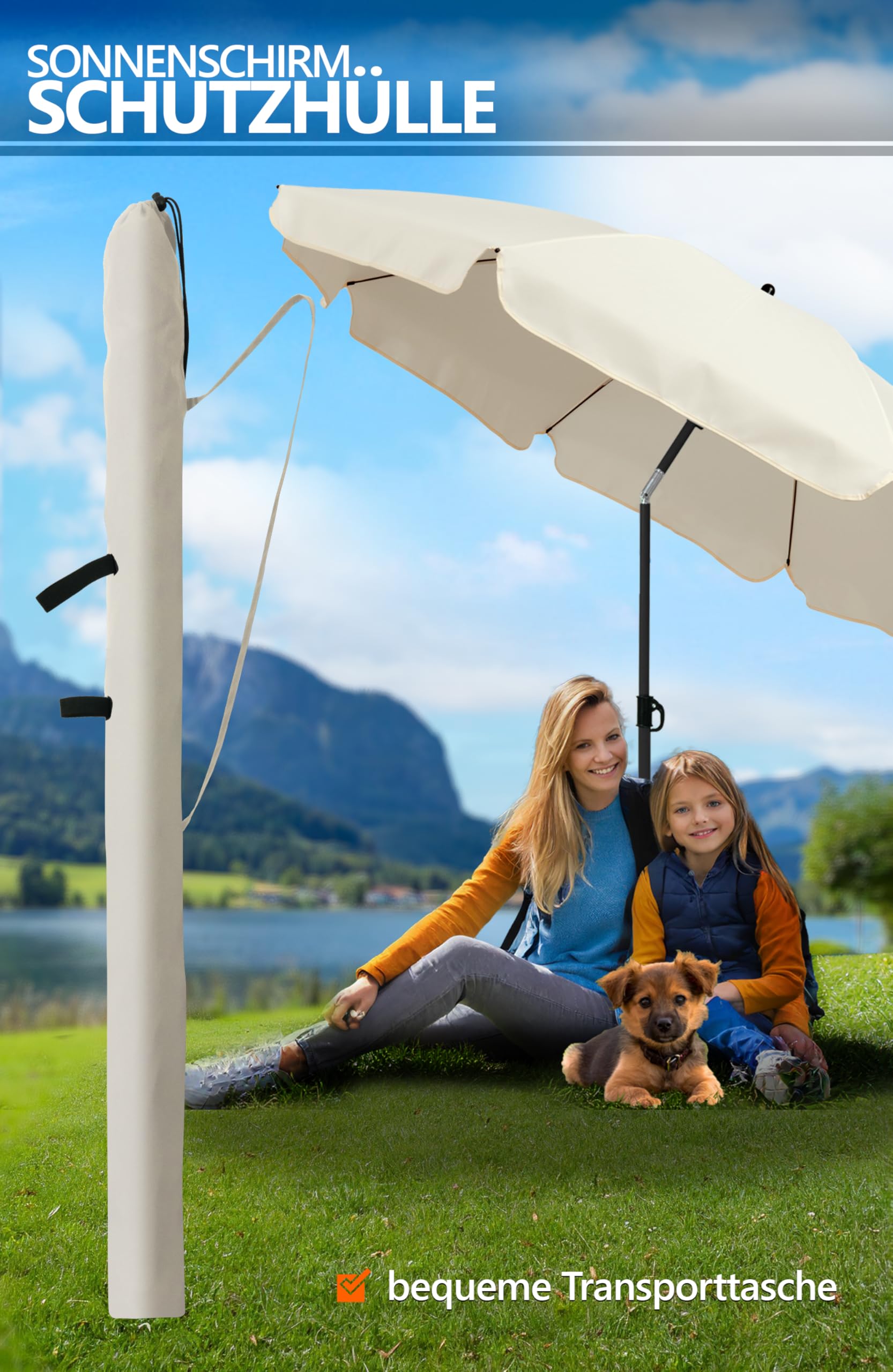 4smile Sonnenschirm Strand SunnyJoy, 3-in-1 SET, Beige - UPF 50+ Strandschirm Ø 180 cm + Sonnenschirm-Bodenhülse + Sonnenschirmhülle - Komplettes Sonnenschutz Strand Set
