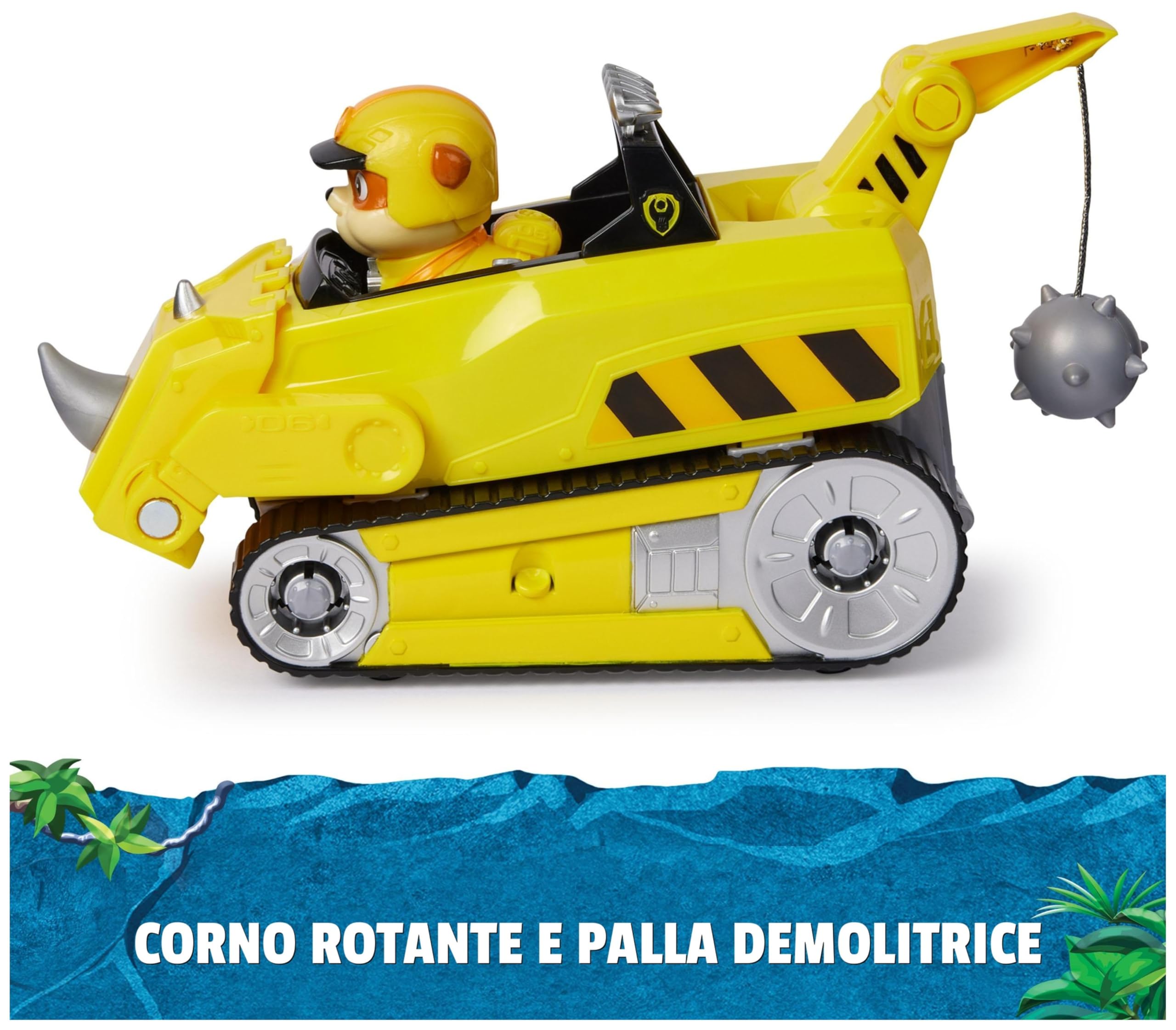 PAW Patrol Jungle Pups, Veicolo Rinoceronte di Rubble, veicolo giocattolo con personaggio Rubble da collezione, giocattoli per bambini e bambine dai 3 anni in su