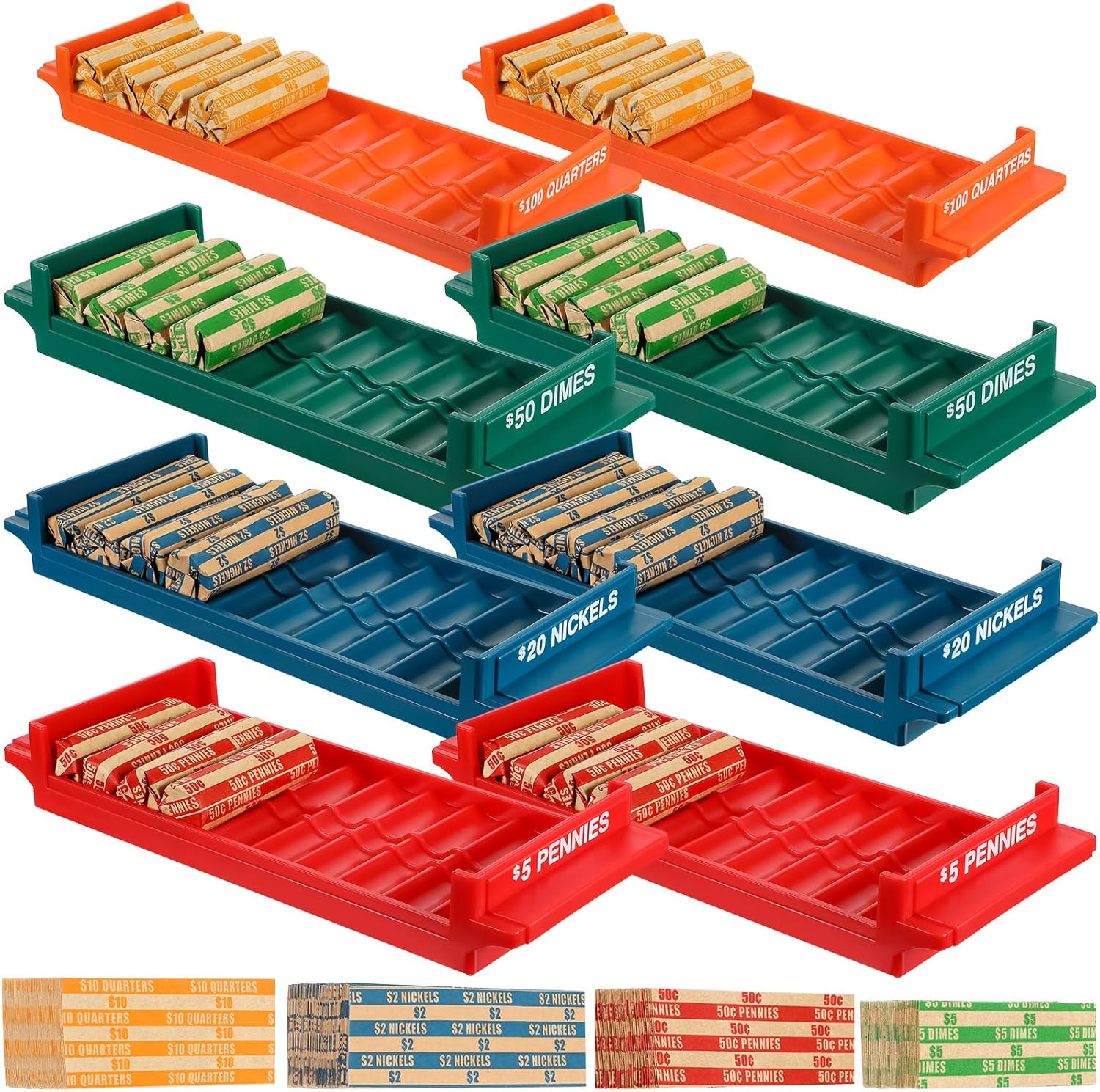 Rtteri 8 Pcs Coin Tray Set Includes Plastic Rolled Coin Storage Boxes and Flat Color Coded Coin