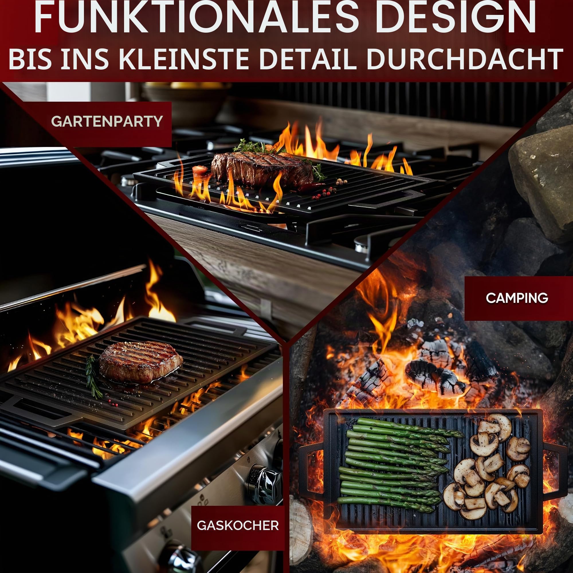 GUSSKÖNIG Gusseisen Grillplatte - 33cm Wendeplatte für Gasgrill, Induktion, Herd & Backofen - Grillplatte Induktion Gusseisen, GussGrillplatte, Cast Iron Grill Plate - inkl. Rezeptbuch & Pflegepaste