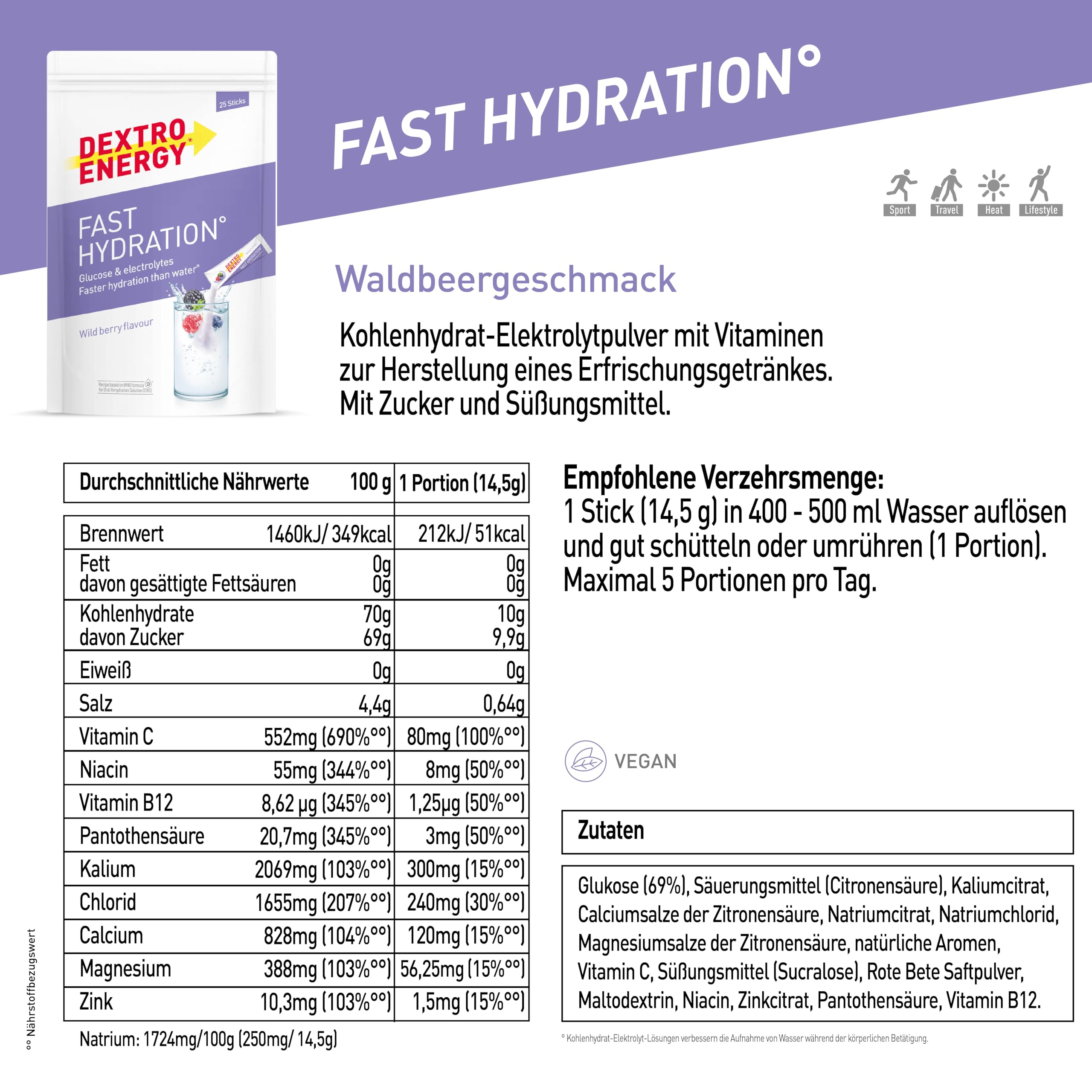 Dextro Energy Fast Hydration Wildberry - 25 Sticks - Elektrolyte Pulver Sticks mit Zink Zusatz zur optimalen Hydration für Sport und Recovery