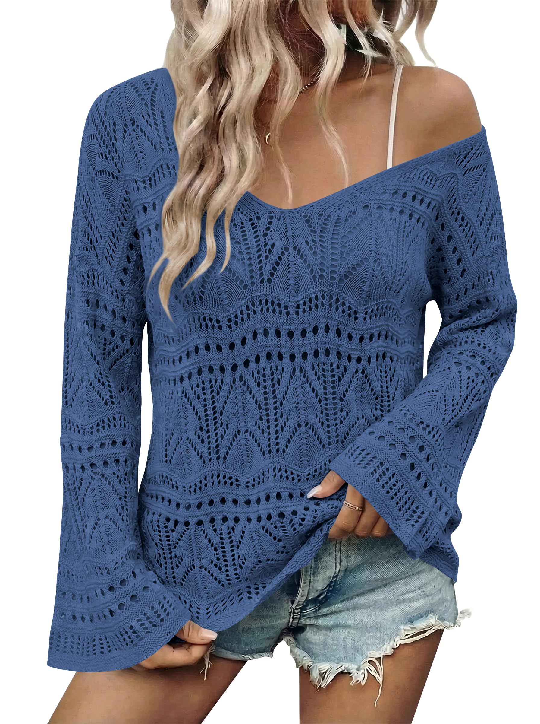 Cakulo Womens Summer Crochet Tops Boho Off Shoulder Sweaters Lightweight V Neck Loose Vacation Resort Wear 2026 Blue S