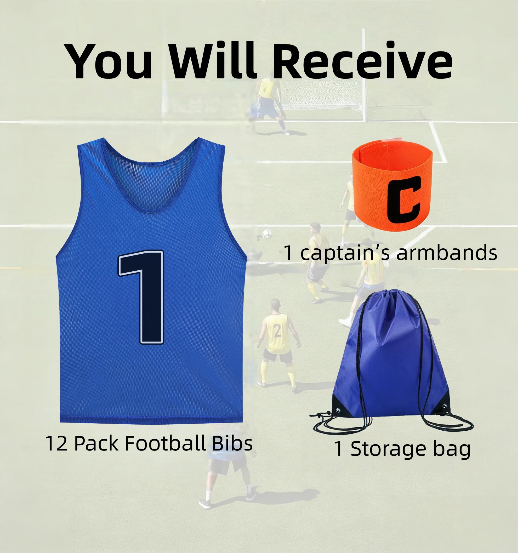 TOEPODO Confezione da 12 bavaglini da calcio per adulti, con borsa portaoggetti e fascia da capitano, XL, blu