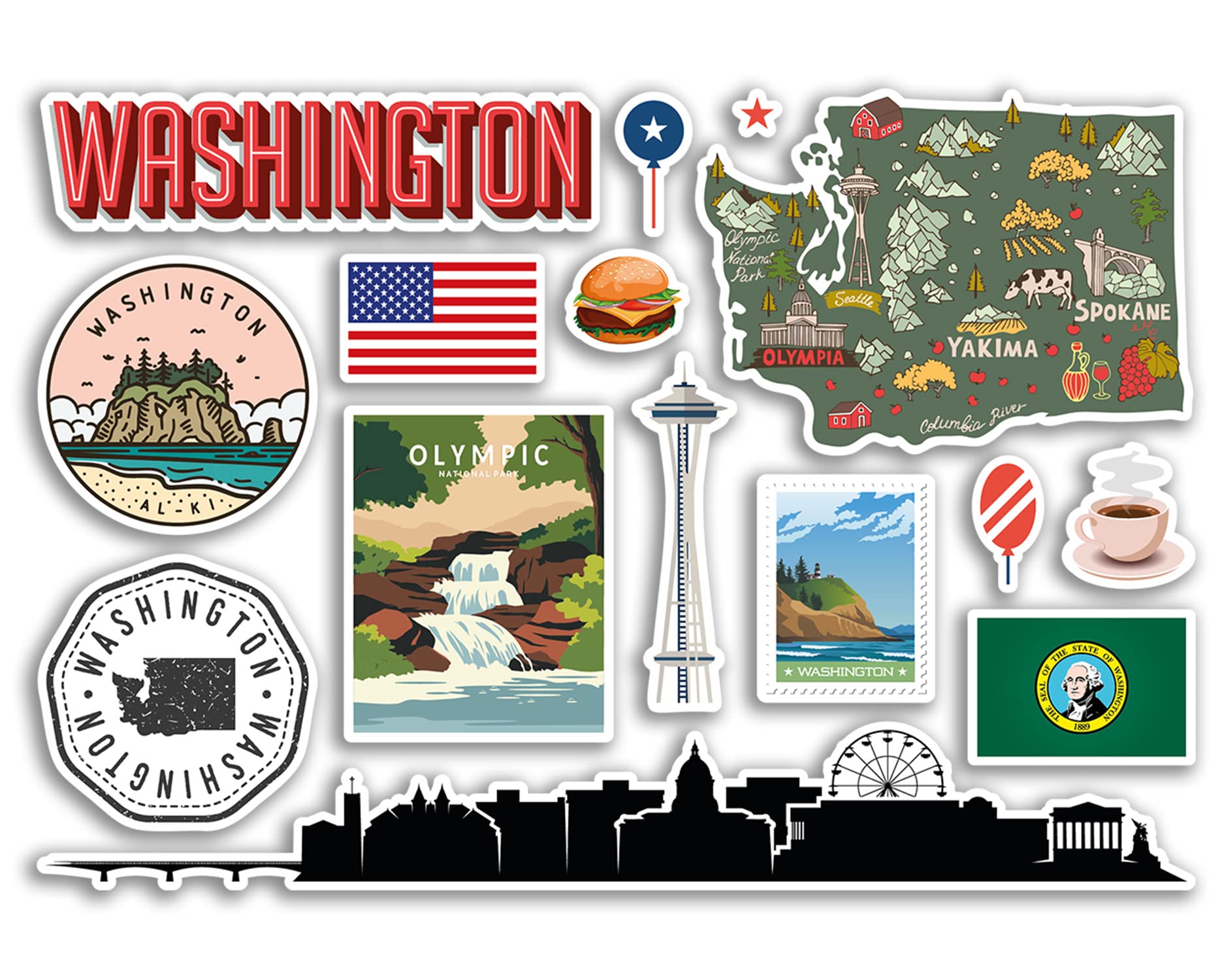 A5 Sticker Sheet Washington Landmarks Vinyl Stickers - America States USA American Airport Stamps Skyline Flag Map Travel Holiday Scrapbooking City Luggage #79198
