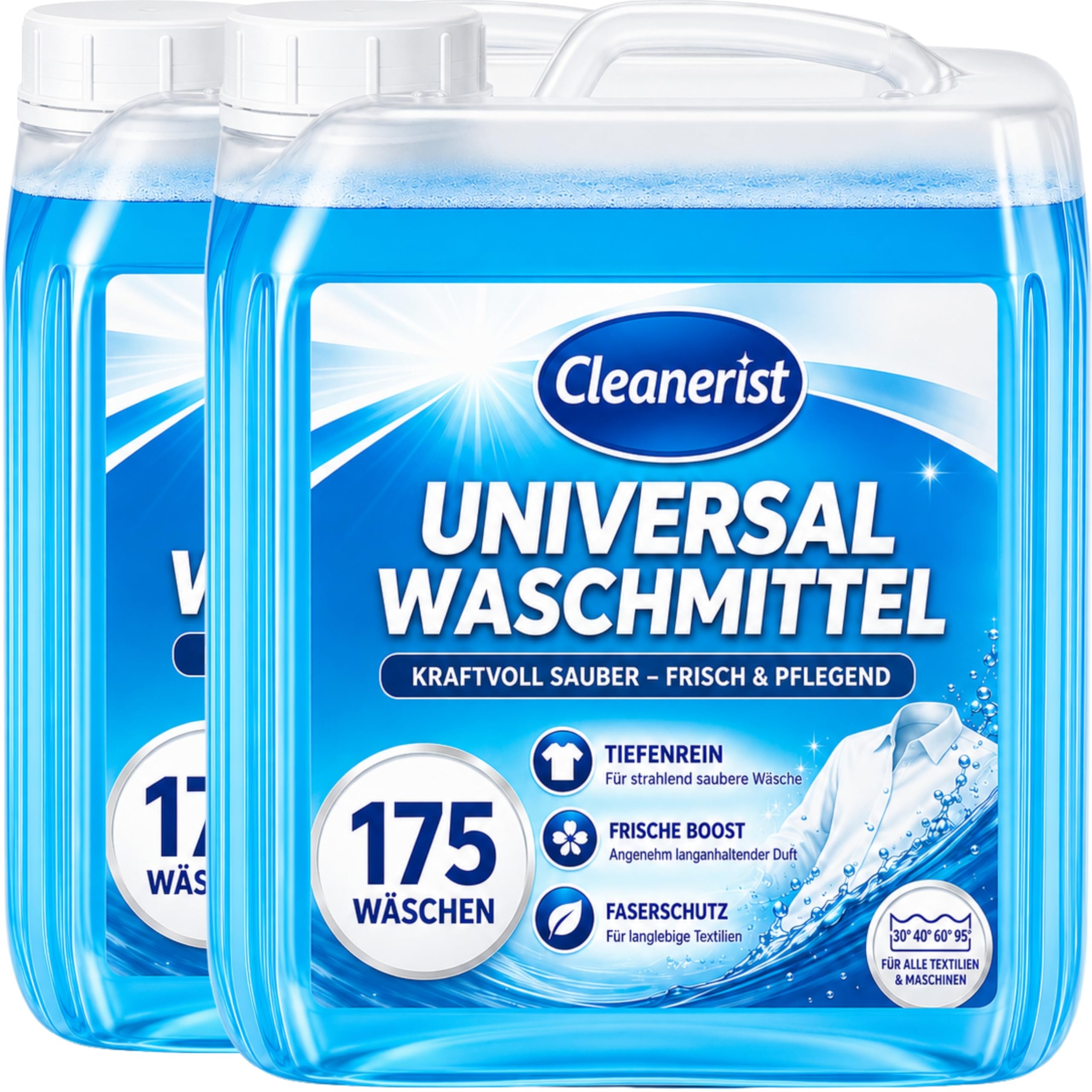 Cleanerist | Universal Flüssigwaschmittel Vollwaschmittel – 2x 5L Großpackung – für Weiß- Bunt- Schwarz- und Kochwäsche – bis zu 400 Waschladungen – inkl. Ausgießer – Made in Germany