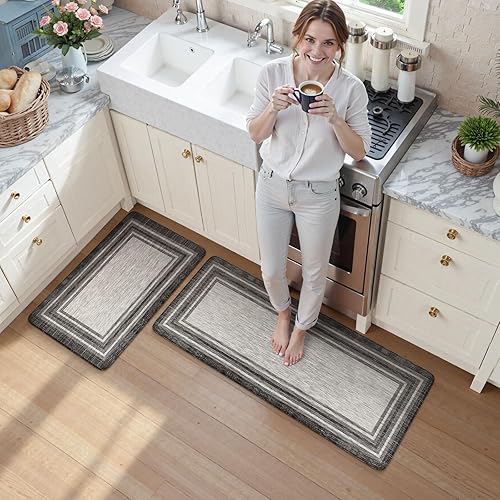 Vista 90 de KIMODE - Juego de 2 tapetes de cocina bohemios, antifatiga, antideslizantes, impermeables, ergonómicos, acolchados, cómodos, para lavandería, Caqui