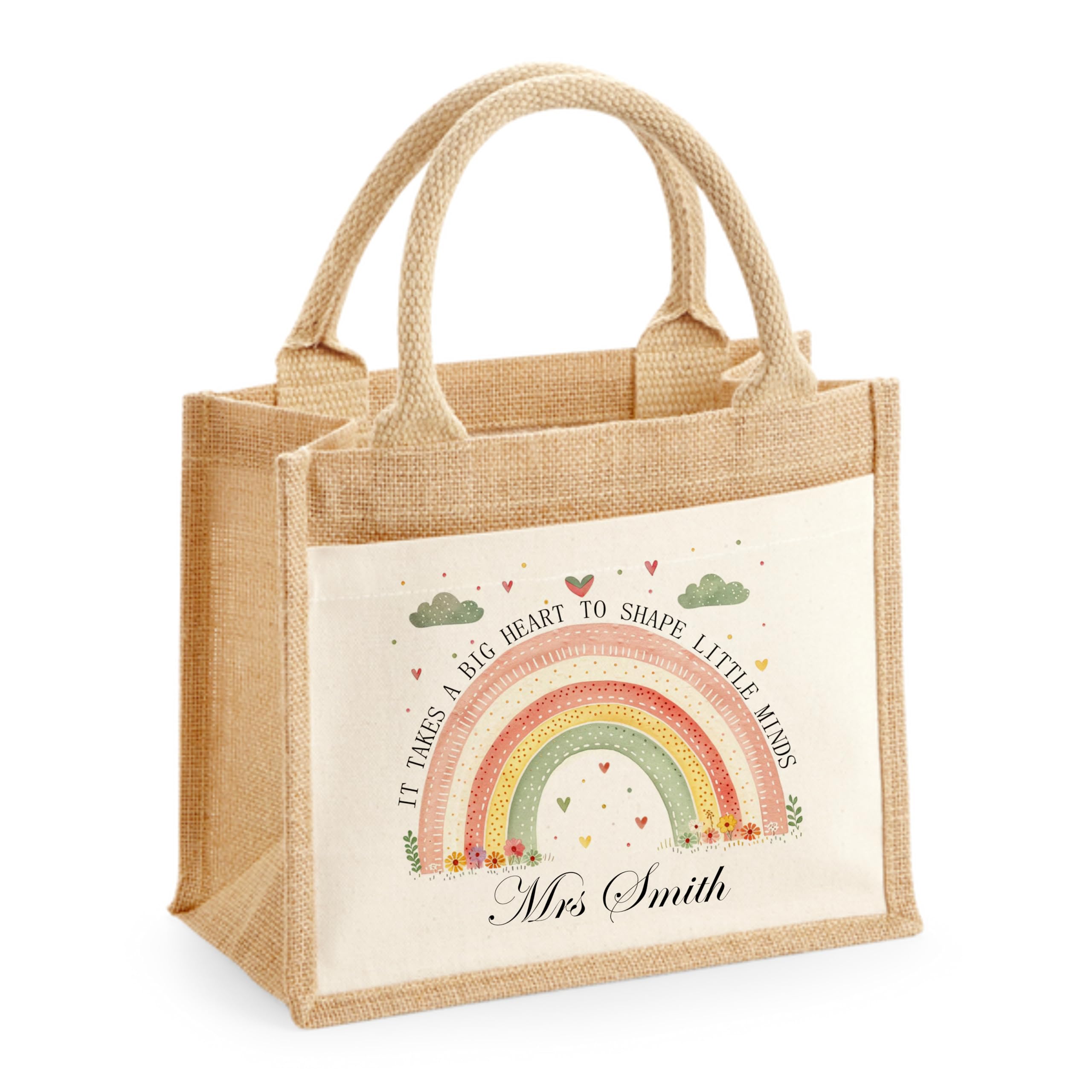 EKAM Personalised Teacher Bag with Name, Personalised Work, Lunch Bag, Custom Jute Tote Bag, Teacher Gift, Thank You Gift, Teaching Assistant Present (Large)