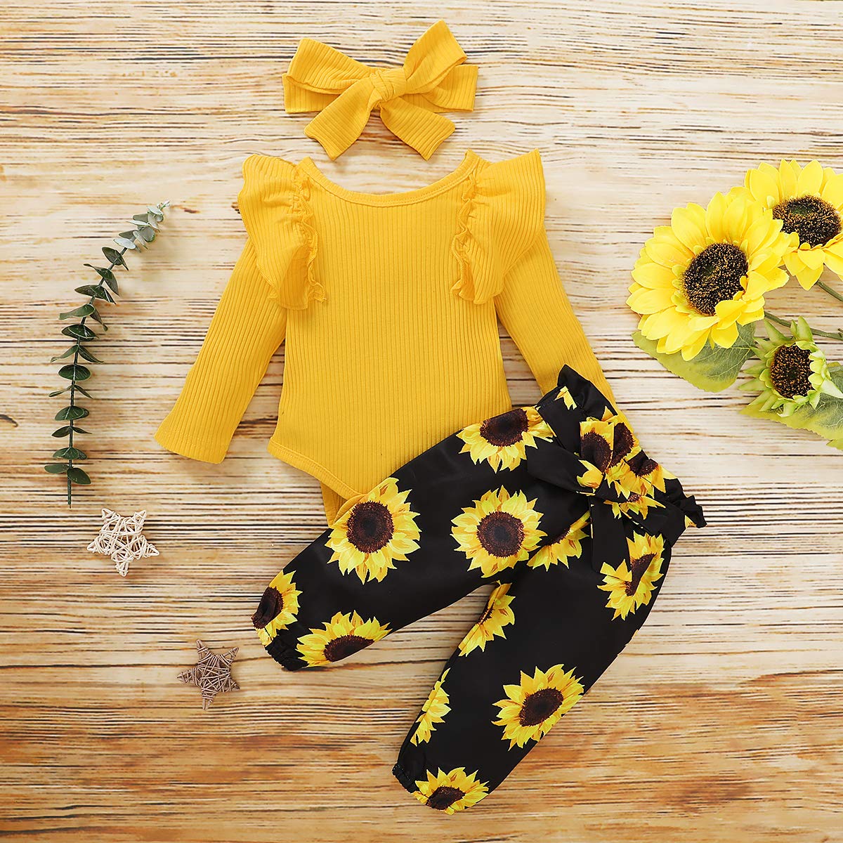 BeQeuewll Newborn Baby Girl Outfits Infant Letter Short Sleeve Romper Tops Floral Pants Headband Summer Clothes Set (Yellow (Long sleeve C), 3-6 Months)