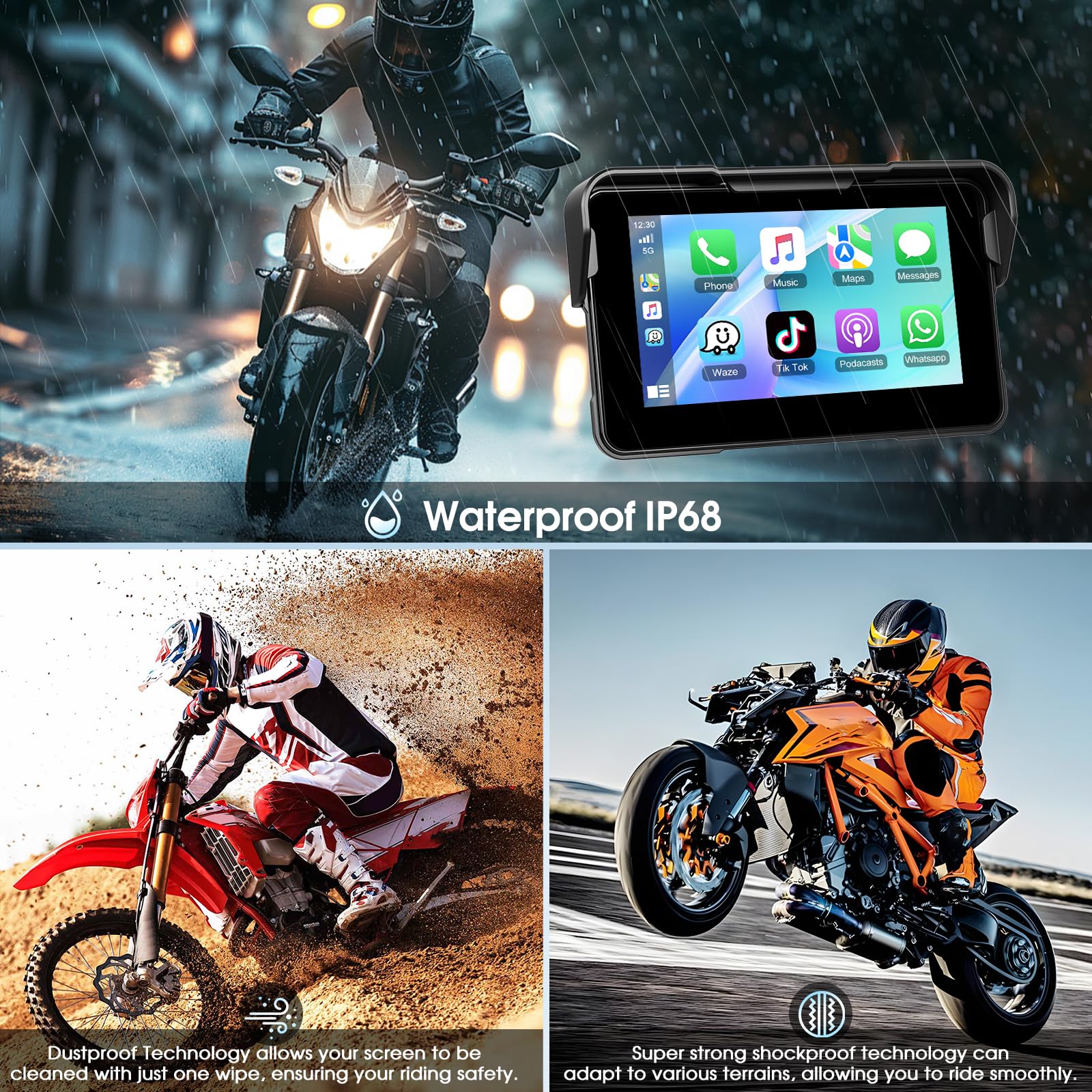 Navegación para Motocicleta con Apple Carplay Android Auto Inalámbrico, Autoradio Portátil con Pantalla Táctil HD De 5 Pulgadas con Bluetooth FM, Impermeable IP68, Navegación GPS, Tarjeta TF