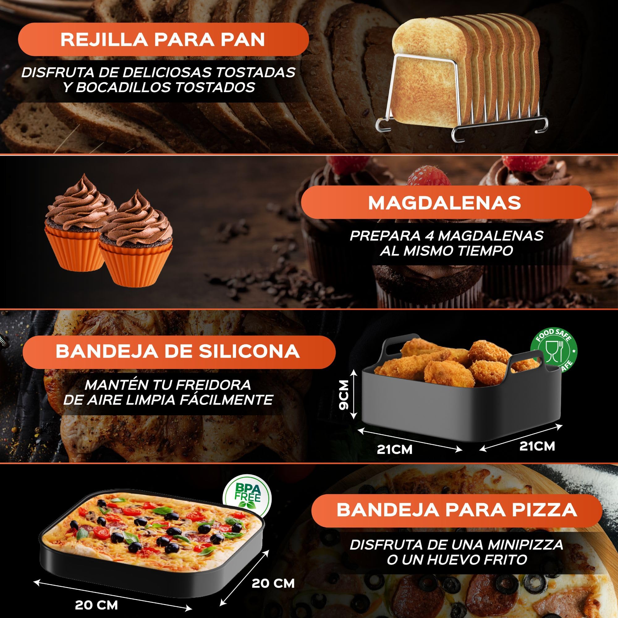 Accesorios Freidora Aire Cuadrada compatible con Cecotec, Cosori, Philips | Compatibilidad universal 5.5-7.5L, Silicona LFGB, sin BPA, apta lavavajillas. Incluye moldes y rejilla para grill
