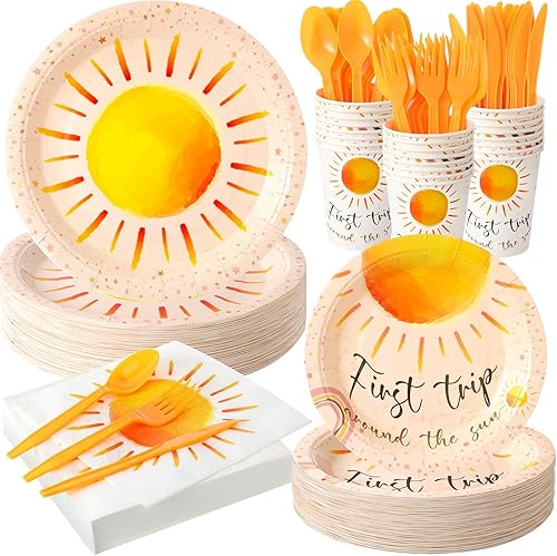 Juego de vajilla de 350 piezas para el primer viaje alrededor del sol con plato de papel desechable, decoración de fiesta de sol, Groovy Boho