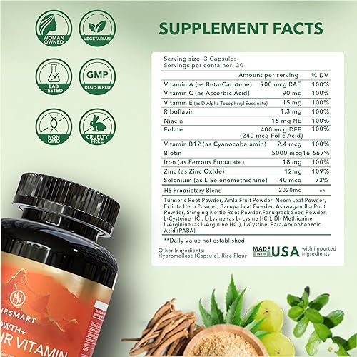 Miniatura 6 de H5 Grow+ Suplemento vitamínico para el cabello, biotina, hierbas ayurvédicas y 5 grupos de nutrientes para el crecimiento, densidad y fuerza del