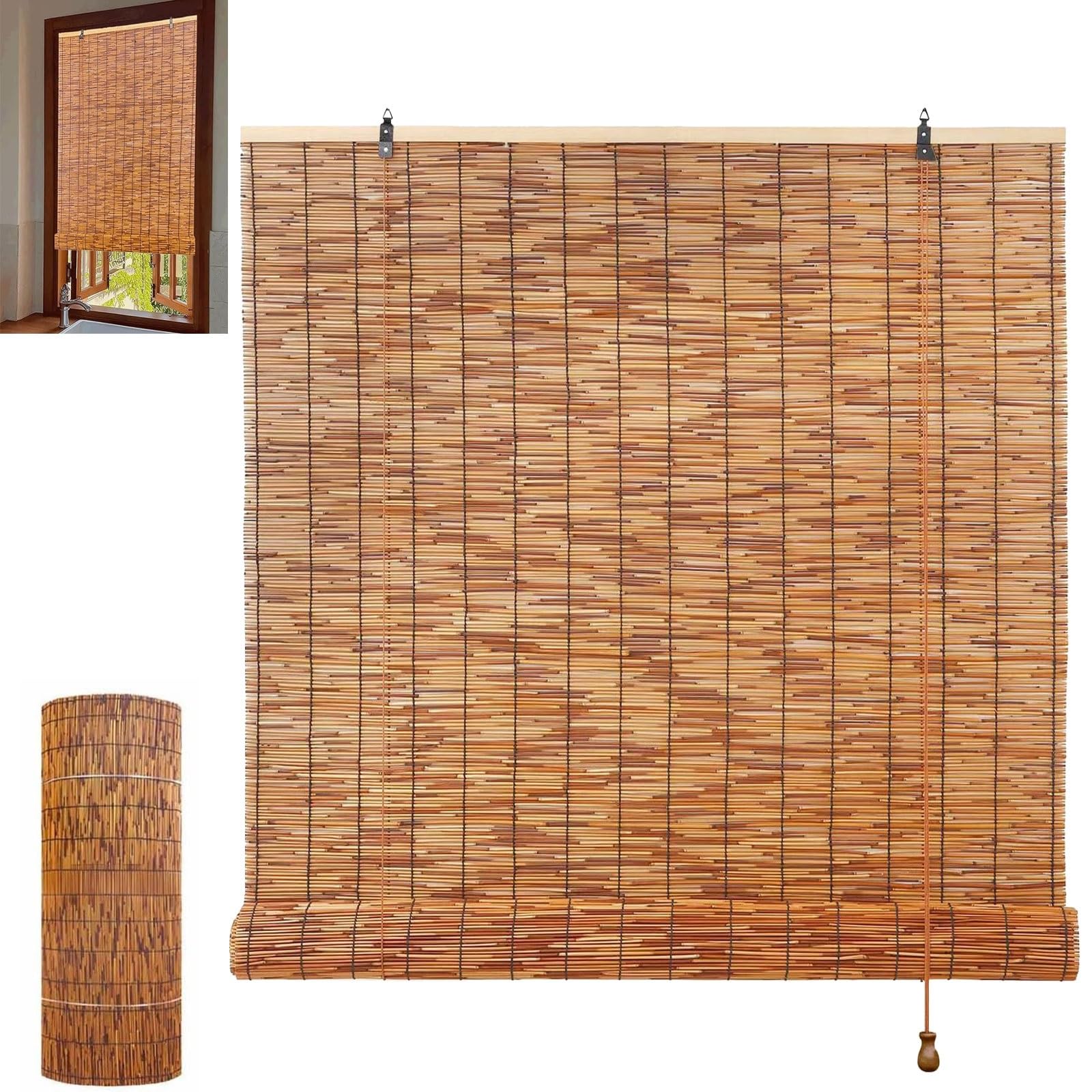 Retro Bamboo Shades, Bamboo Roman Shades Light Filtering Roller Blinds For Patio Multiple Sizes1PCS(109W x 107H cm)