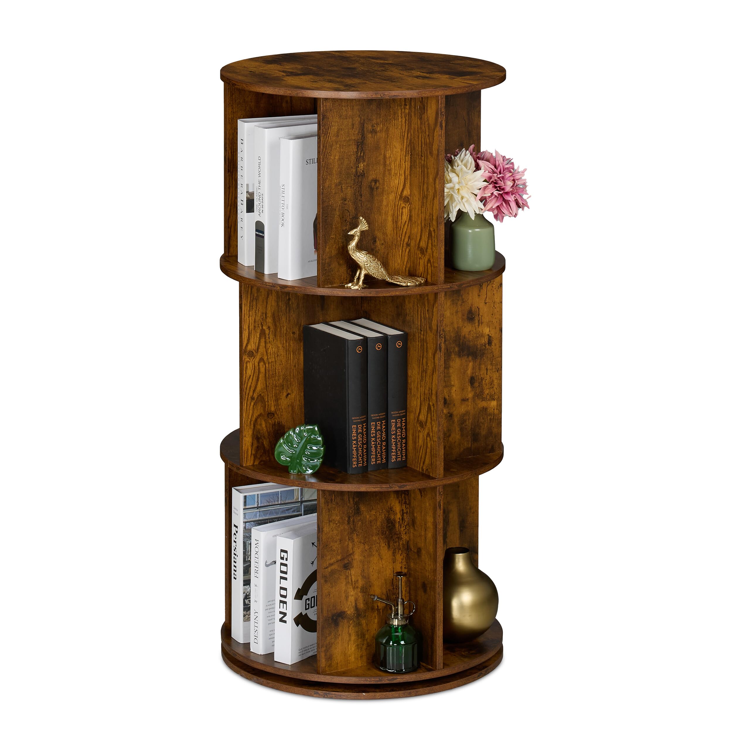 Relaxdays Rotating Bookcase, 15 Compartments, HxD: 104x50 cm, Wood Effect, Shelf for Books & DVDs, Round Design, Brown, Fibreboard, Steel, 104x50cm
