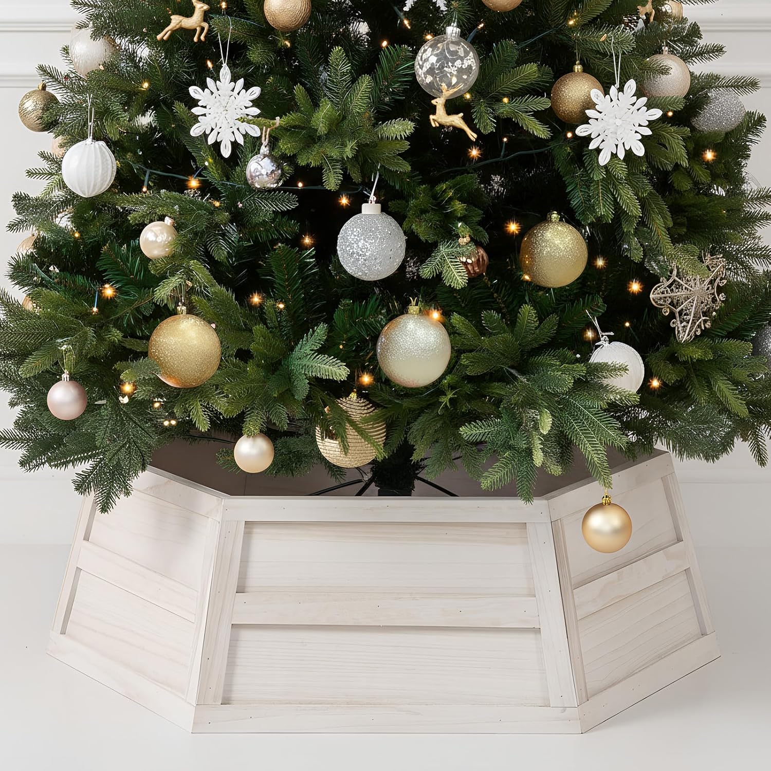 Hexagon Wooden Christmas Tree Collar Box 6 Panels 30'' Christmas Tree Base Cover Decor Vintage Rustic Farmhouse Trees Skirt for Xmas Holiday(White)