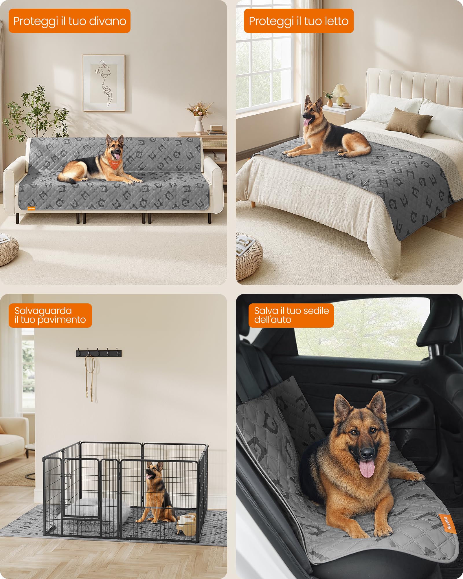 Feandrea Coperta per Cani Impermeabile di Taglia Grande, 208 x 132 cm, Copridivano per Cani Lavabile in Lavatrice, Copertura per Divano per Animali, Antiscivolo, Trapuntato, Grigio Tortora PPB027G01