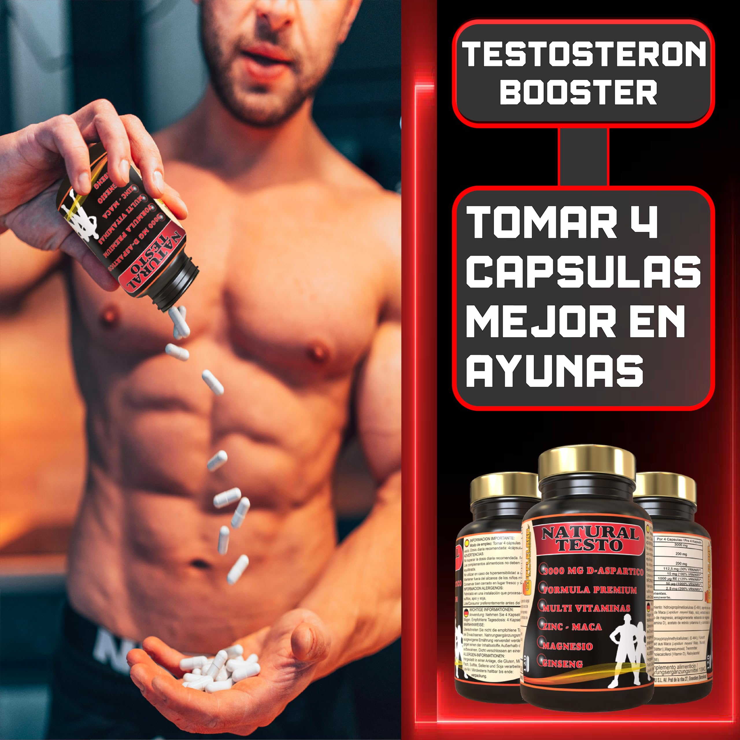 Testosterona Hombre 120 Capsulas - Zinc, Maca, Ginseng, Acido Aspartico y Vitamina D + Energia, Para Perder o ganar masa muscular, Activador Metabolico.