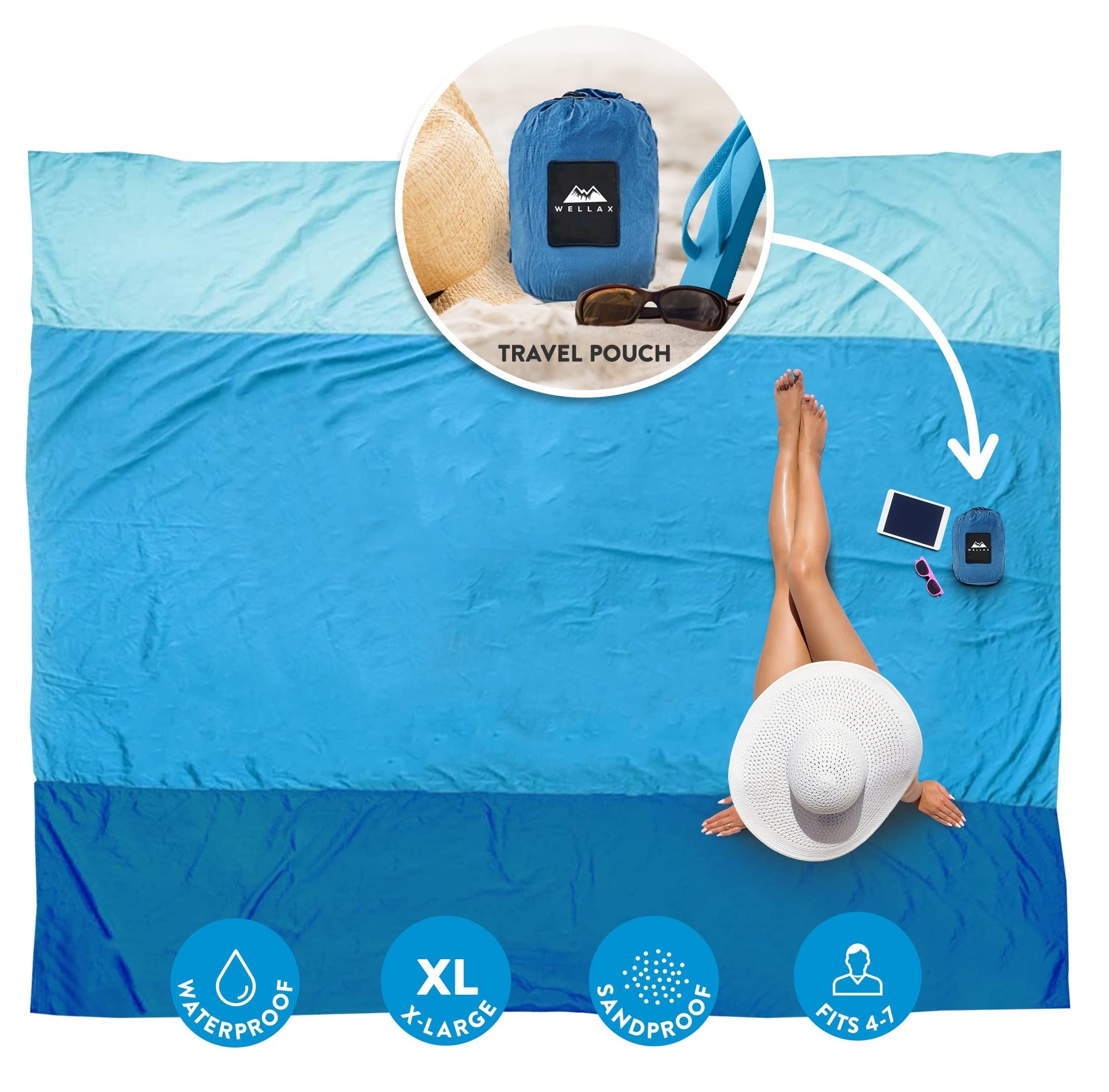 Chillax WellaX Sand Free Beach Blanket - Huge 9' x 10 7 Adults - Best Mat Picnic, Camping, Hiking Music Festivals (Blue)