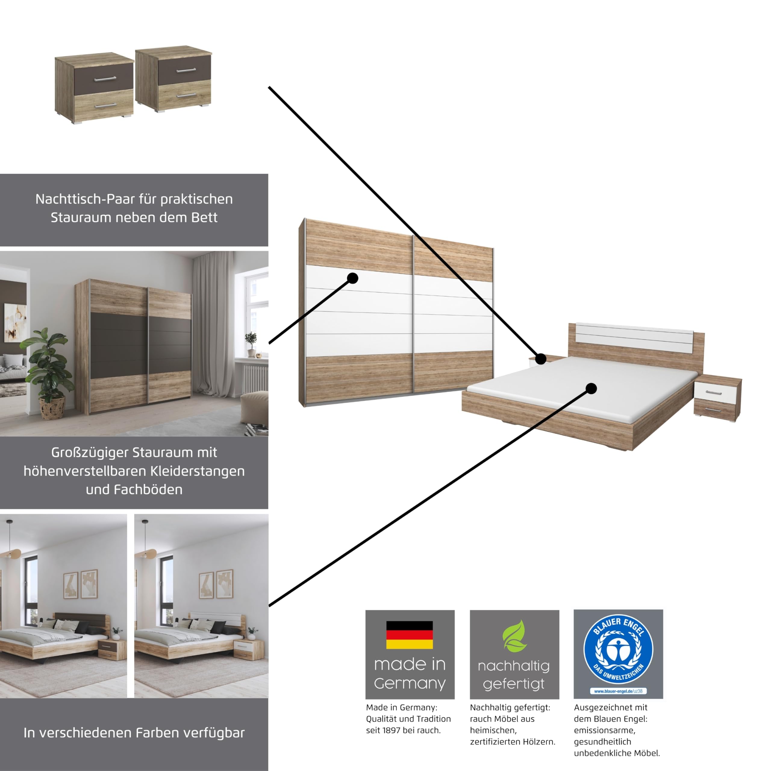Rauch Möbel Barcelona Schlafzimmer, komplett, bestehend aus 1 Bett 160x200cm, 1 Nachttisch-Paar 50x38x37cm, 1 Schwebetürenschrank 226x210x62cm, Farbe Eiche Sanremo Hell mit Absetzung in Lavagrau