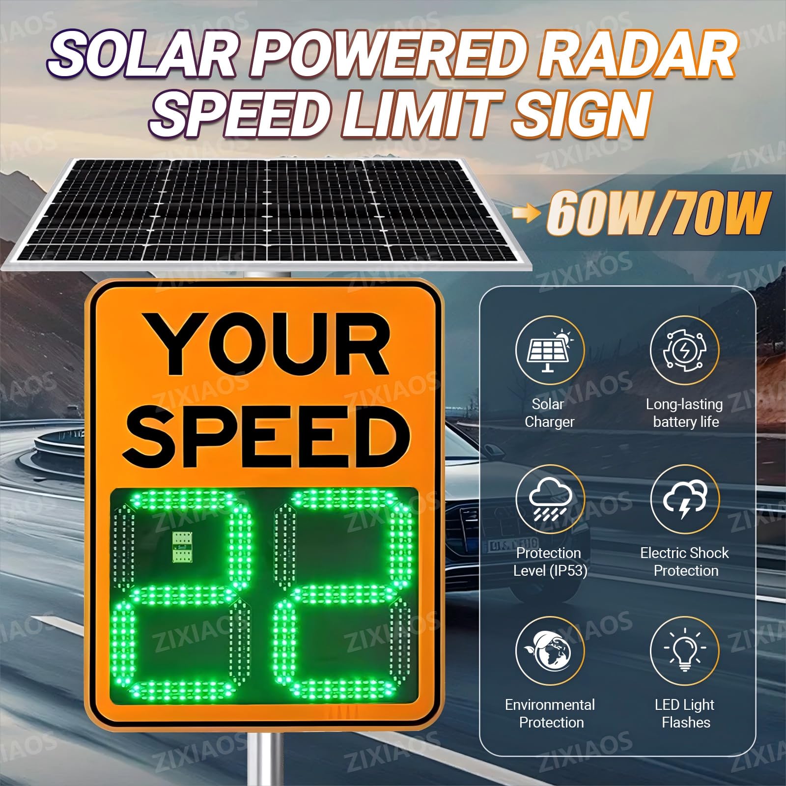 Señal de límite de velocidad de radar solar, detector de velocidad LED, distancia de detección de 300 m para seguridad en carretera y carretera
