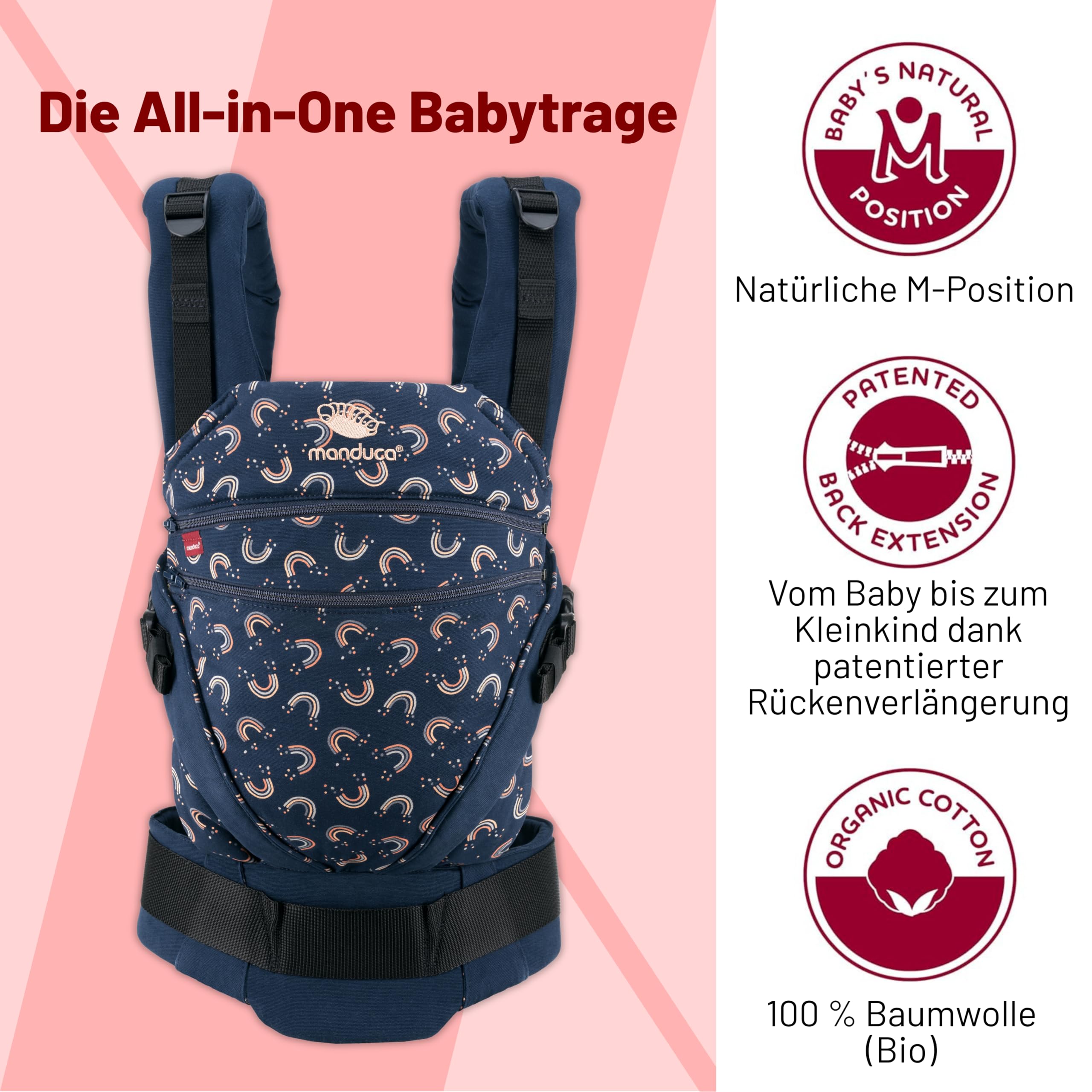 Manduca XT Baby Carrier Adjustable Seat Organic Cotton Newborn to Toddler 3 Carrying Options Rainbow Night
