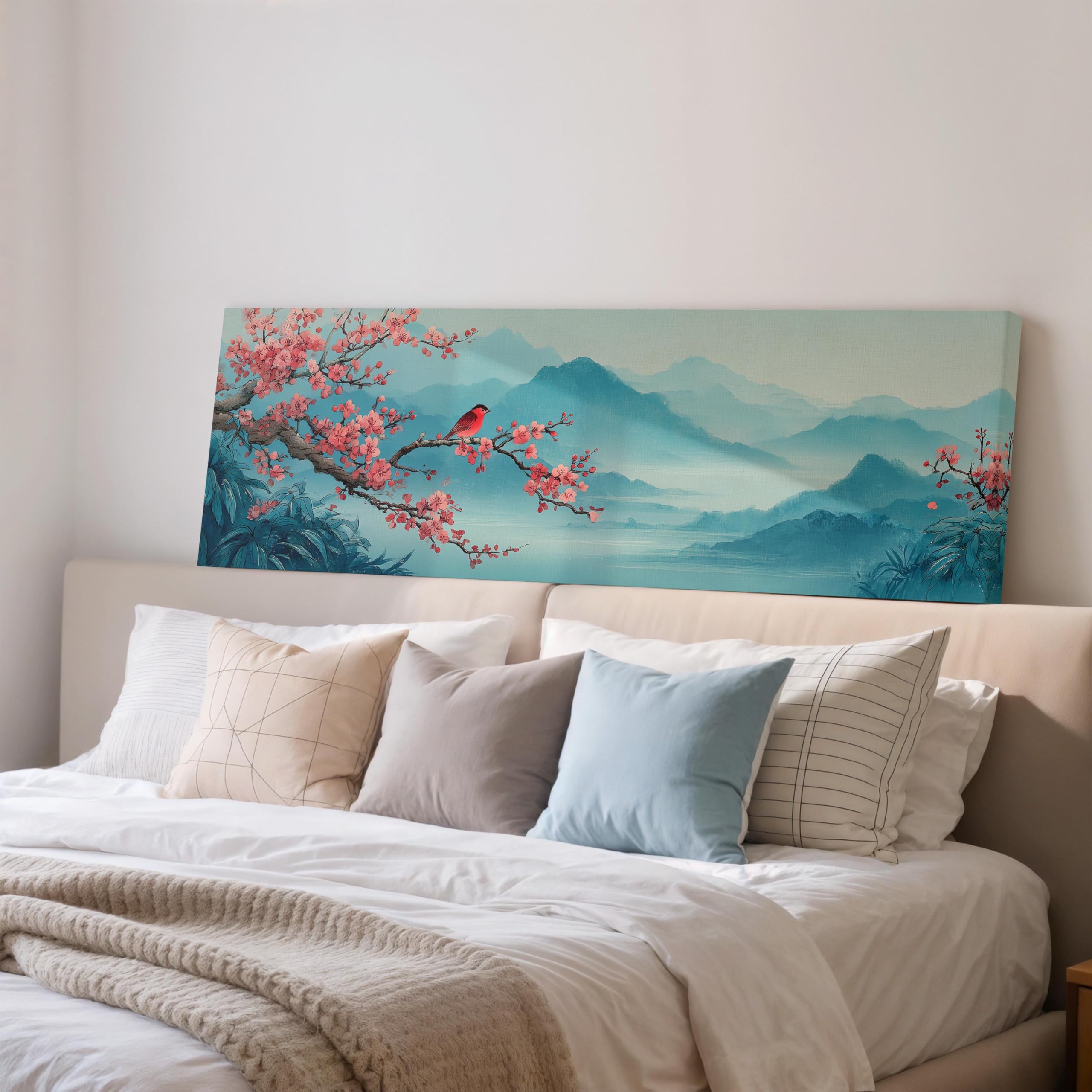 XBTYKPB Japanese Flower Blossom Painting, Red Bird Panoramic Framed Canvas Art, Long Horizontal Misty Mountain Print, Above Bed(70x210cm/Frameless)