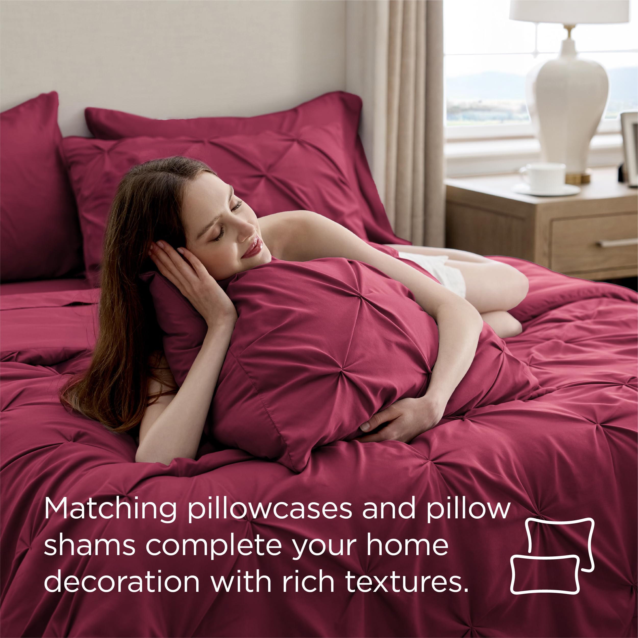 Bedsure Full Comforter Set Dark Red - Bed in a Bag Full Size 7 Pieces, GentleSoft™ Pintuck Bed Set Gift for Family, Pinch Pleat Dark Red Comforter with Sheets, Pillowcases & Shams