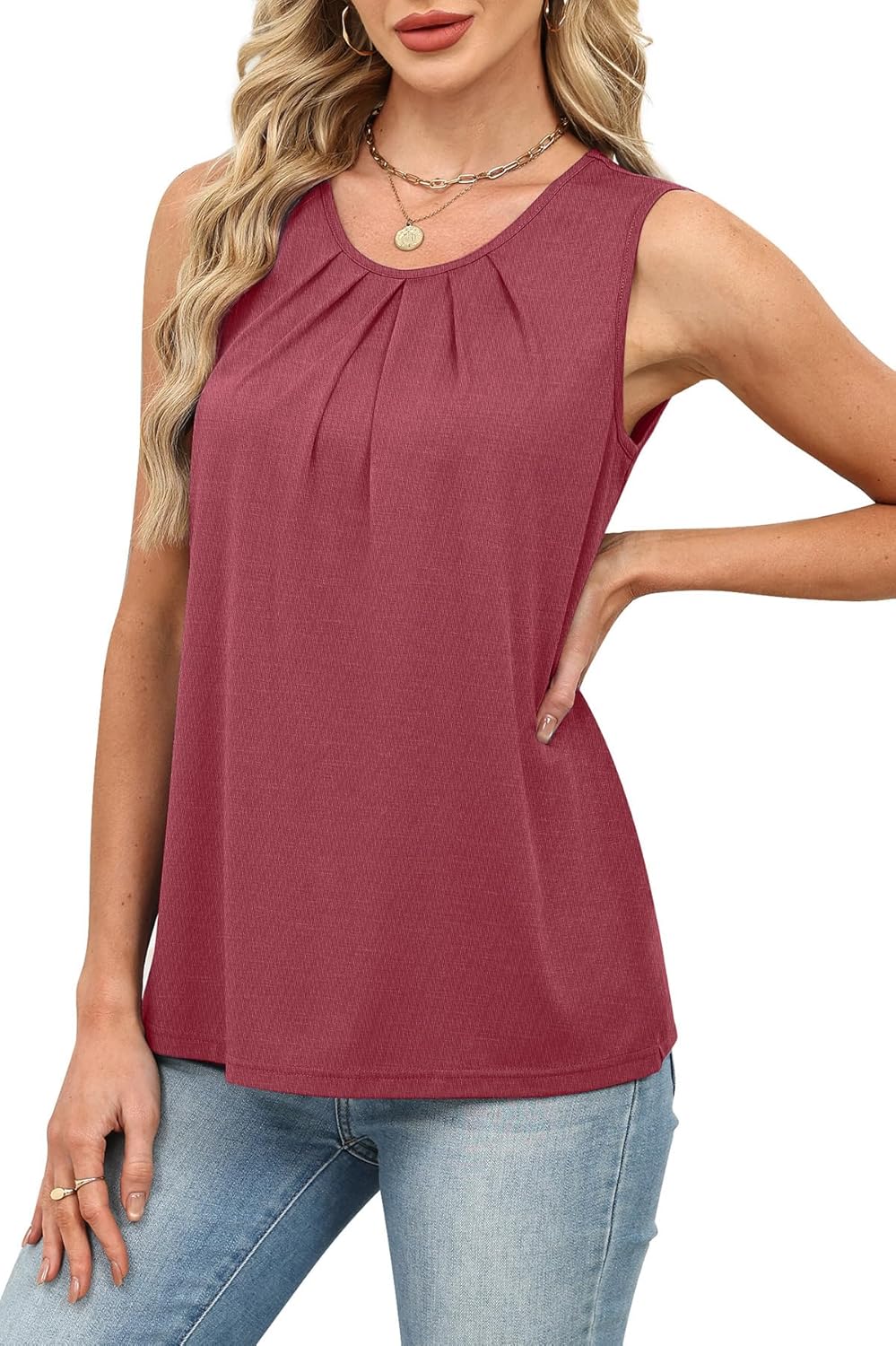WIHOLL Flowy Tops for Women Business Casual Outfits Pleated Front Tank Tops Loose Fit - Image 4