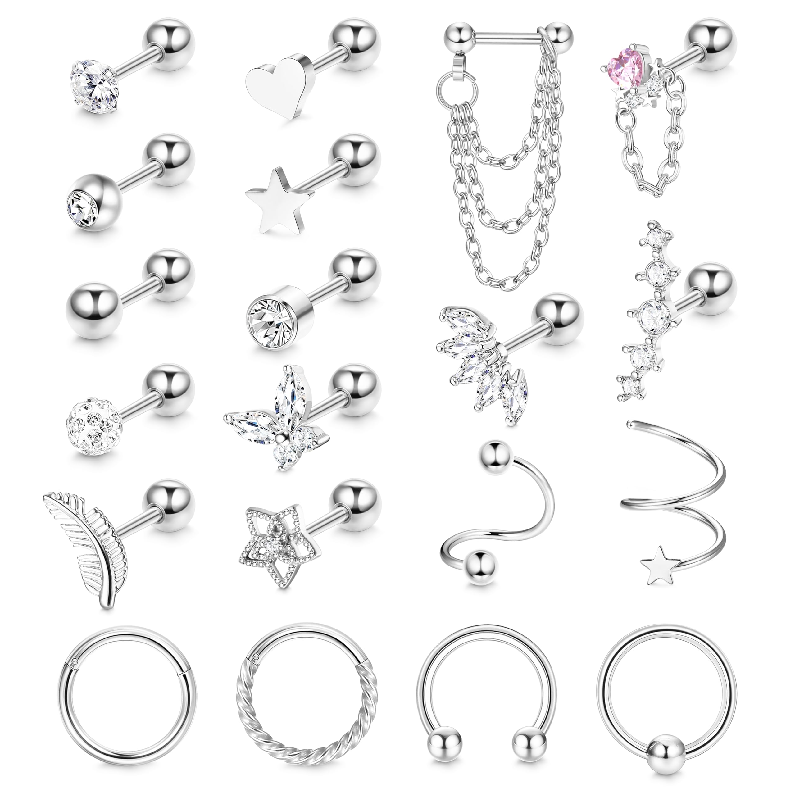 16G Cartilage Earrings For Women Men Tragus Piercing Jewelry Forward Helix Earrings Surgical Steel Cartilage Stud Earrings Hoop CZ Daith Conch Helix Piercing Jewelry 20Pcs