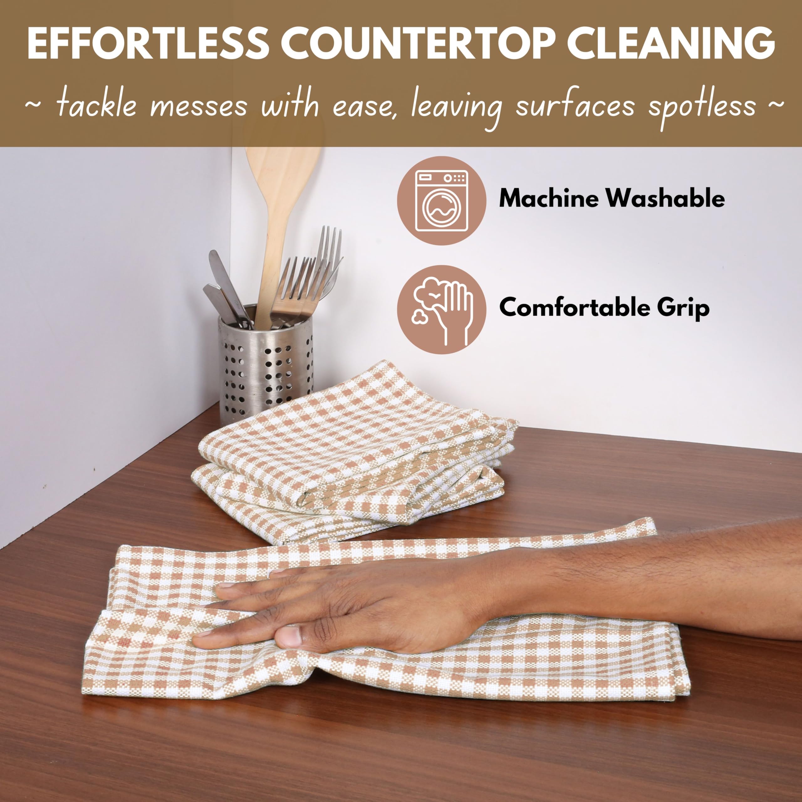 Native Fab 6 Pack Gingham Farmhouse Kitchen Dish Towels Cotton Absorbent Durable Washable 15x25 - Tea Towels, Dish Cloths, Restaurant Cleaning Towels, Kitchen Towels with Hanging Loop, Beige White