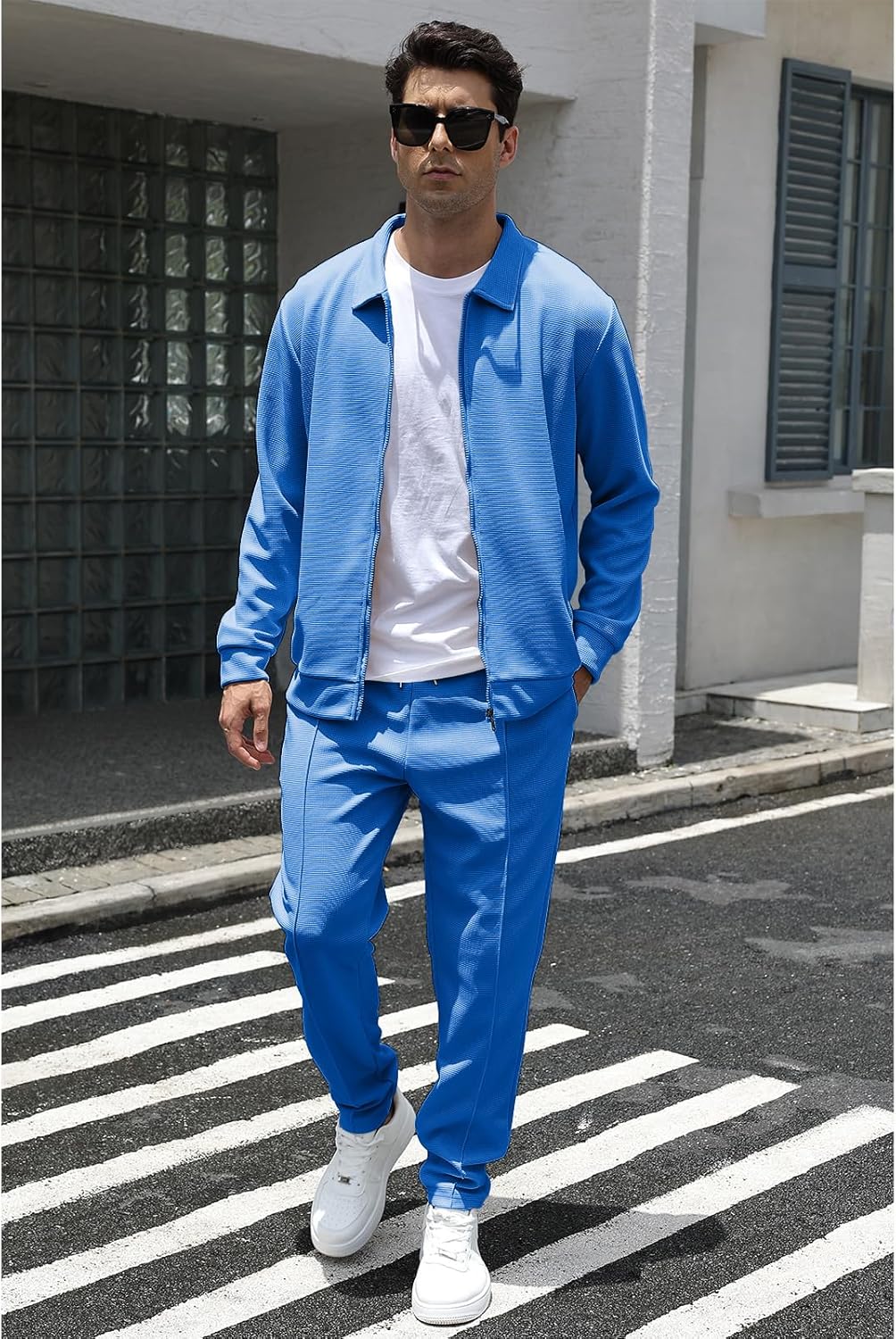 Men's Full Zip Polo Jacket & Drawstring Pants Set 2pcs Regular Fit Casual Sport Tracksuit with Pockets - Image 6