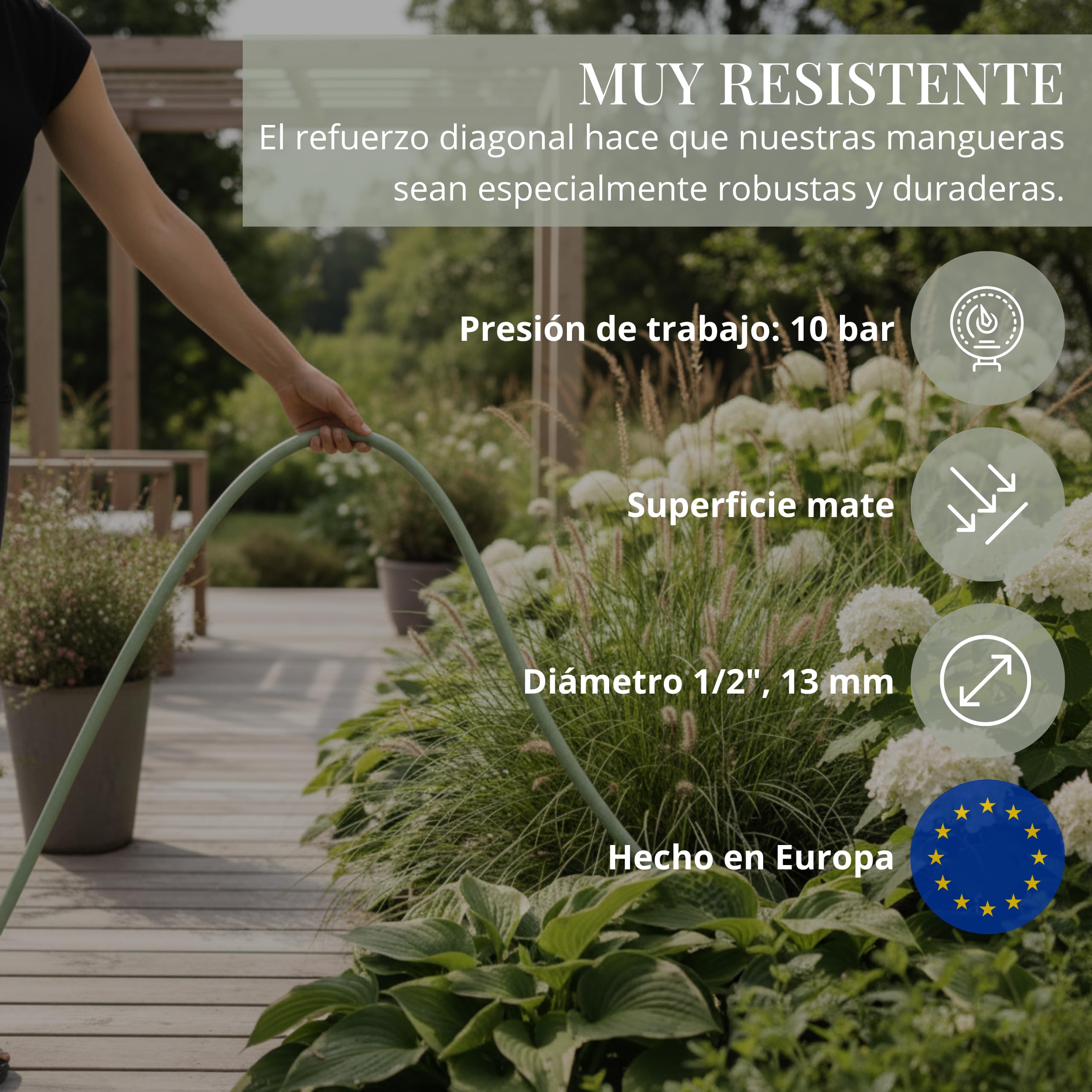 LIVLIG Set manguera 20 m 1/2" – tubo anti‑torsión y resistente a UV con pistola y conectores (G3/4, stop 1/2, rápido) – Verde