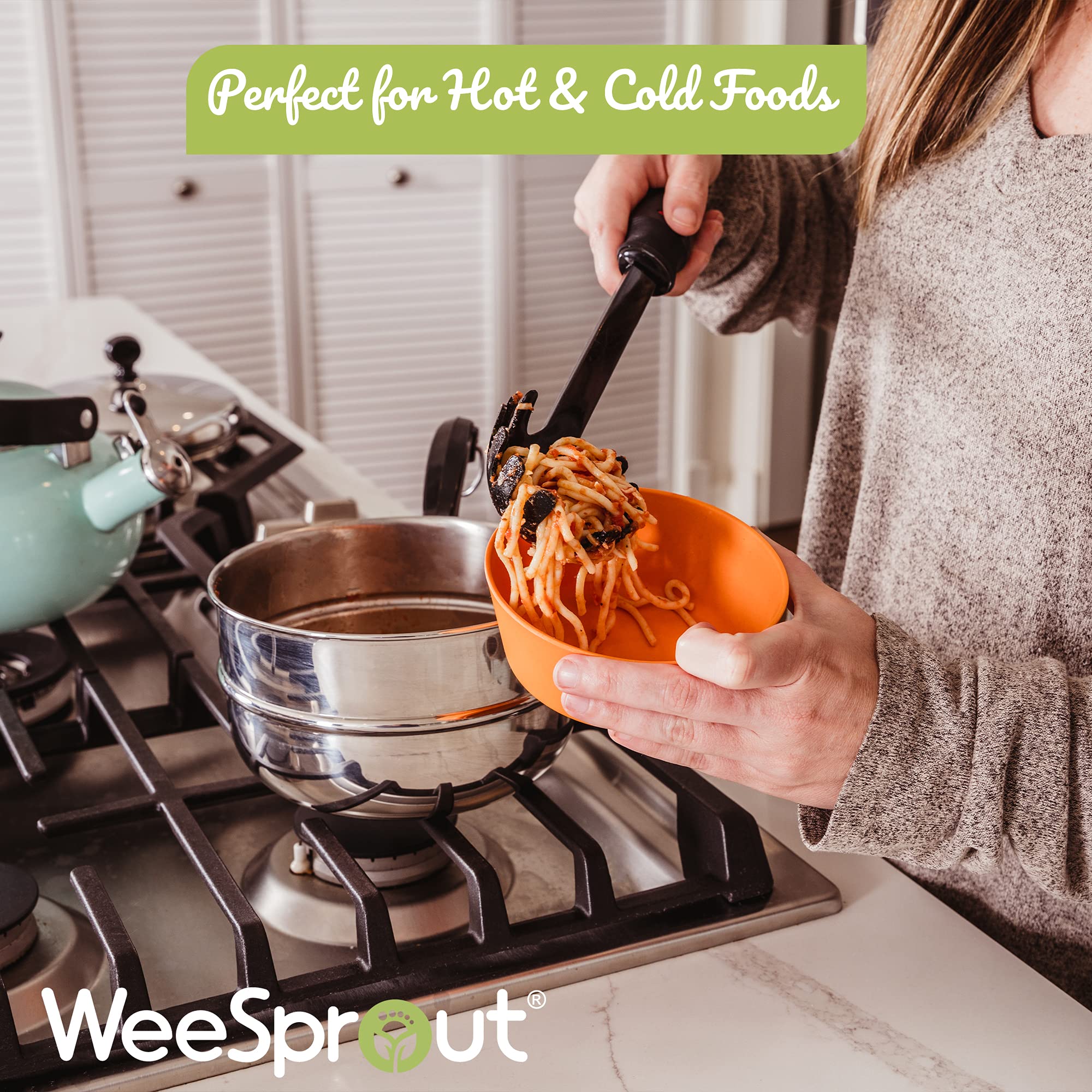 WeeSprout Bamboo Kids Bowls with Lids, Set of Four 10 oz kid-Sized Bamboo Bowls, Bamboo Kid Bowls with Lids for Leftovers, Dishwasher Safe (Blue, Yellow, Orange, & Red)