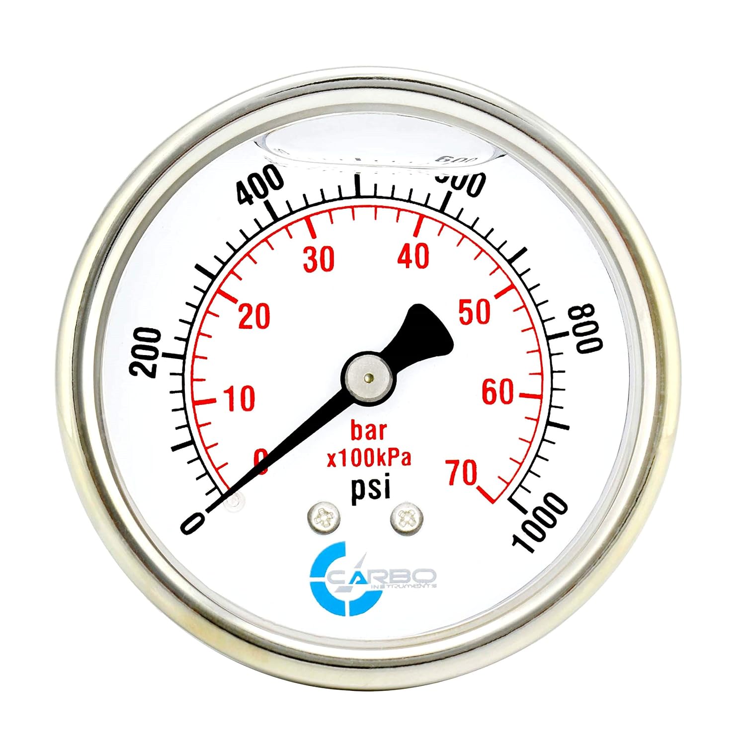 2 Pressure Gauge, Stainless Steel Case, Chrome Plated Brass Connection, Liquid Filled, 0-1000 psi/kPa, Back Mount 1/4 NPT