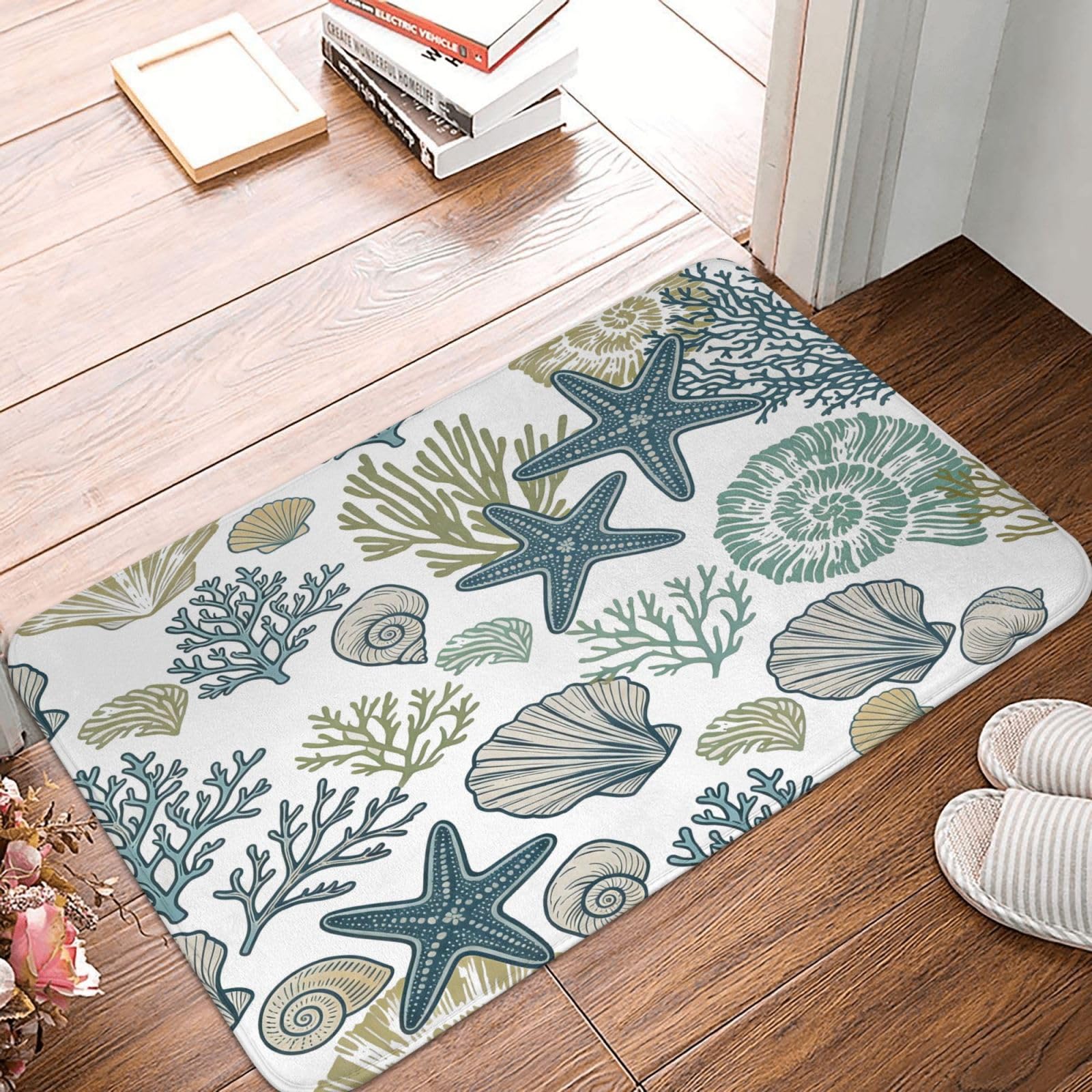 Coastal Beach Bath Mats for Bathroom Decor, Seashells Starfish Absorbent Bath Rug Non-Slip Floor Rug Carpets for Kitchen Bathroom Laundry Bedroom Living Room — image 1