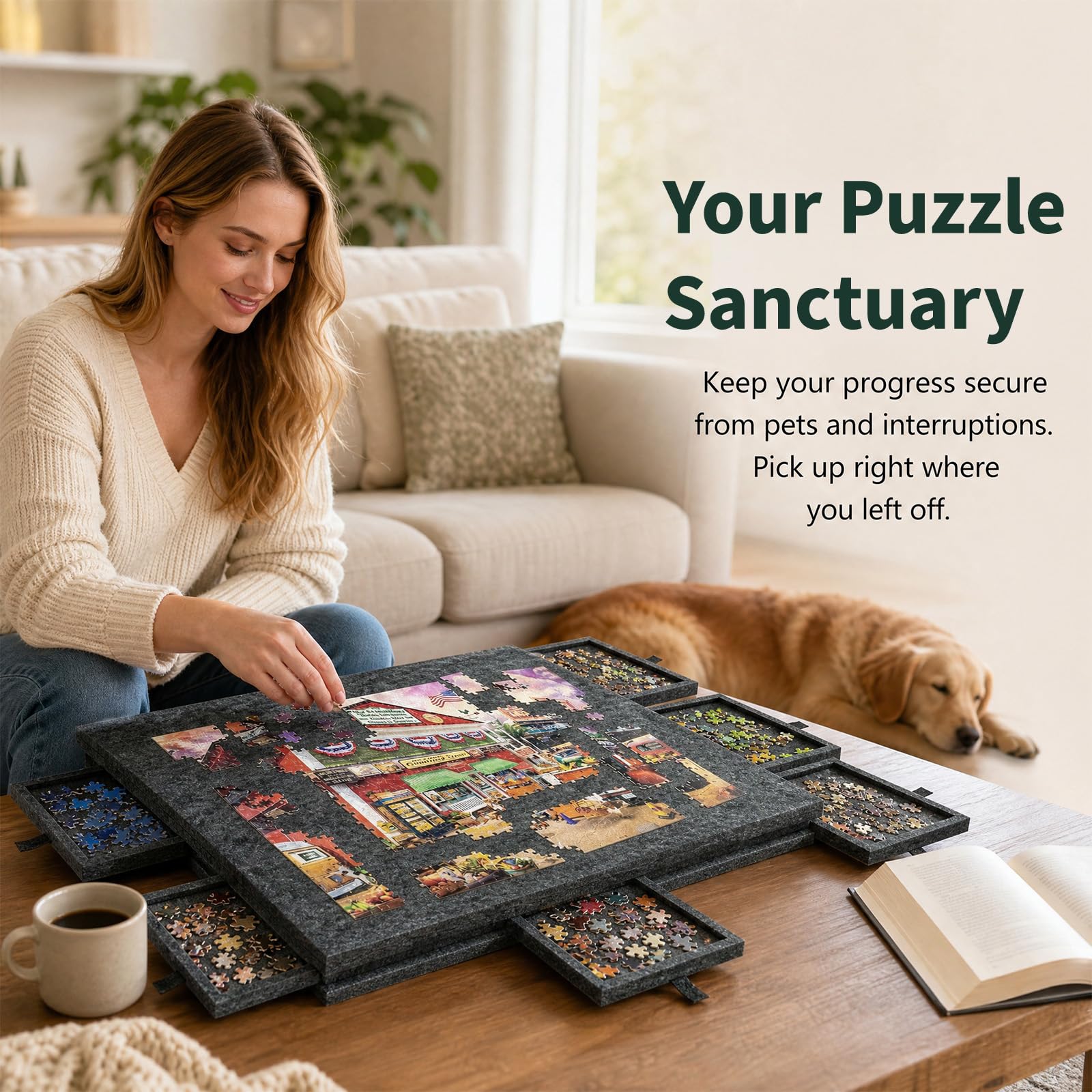 Planche de puzzle inclinable, support et housse 2 en 1, table de rangement en feutre léger avec 6 tiroirs de triage, table de puzzle, plateau portable de 1 000 pièces (gris foncé)
