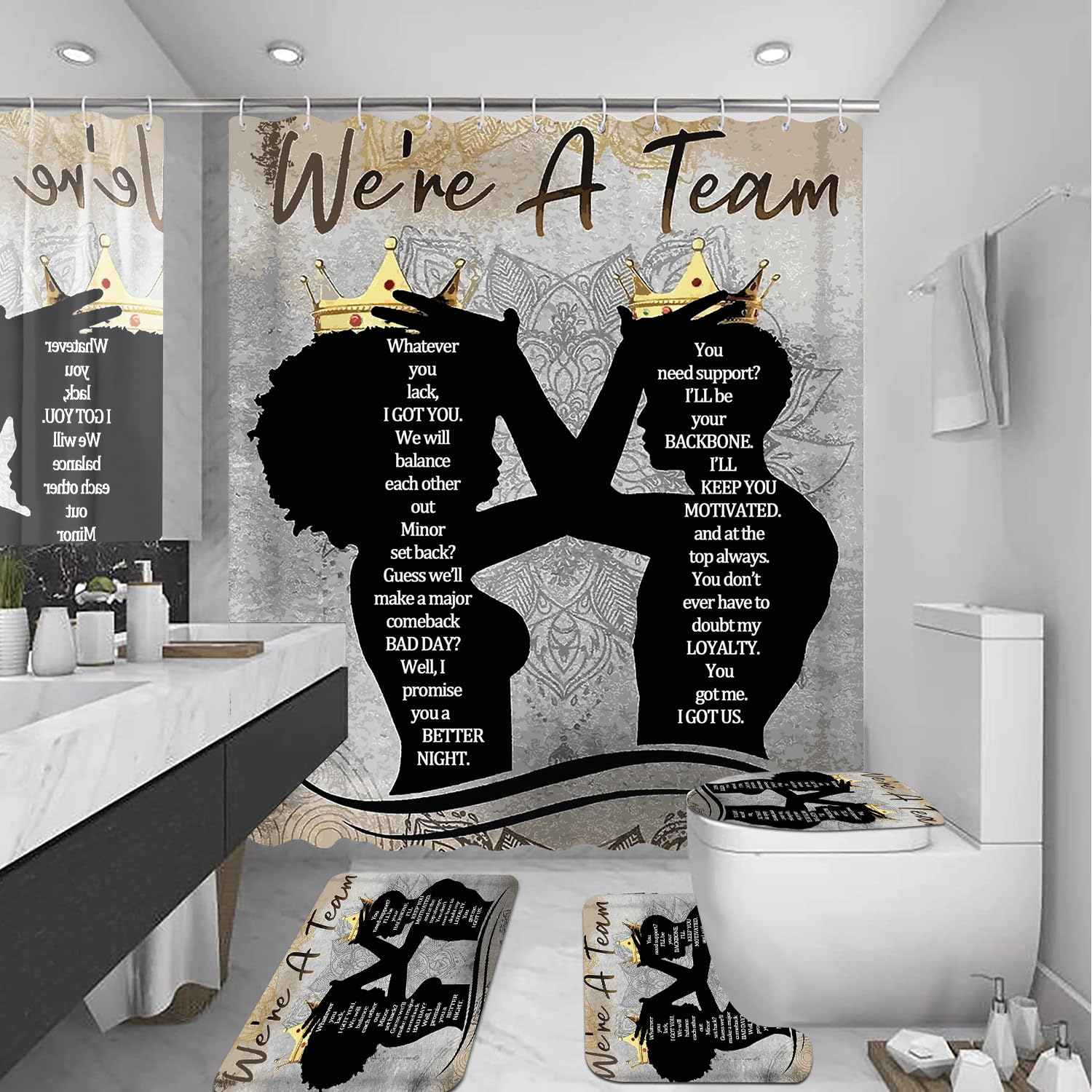 4 Pcs Black King Queen Shower Curtain Set, Inspirational Quotes Black Man Women Bathroom Decor Sets with Shower Curtain and Rugs Toilet Lid Cover Bath Mat, Romantic Waterproof Fabric Shower Curtains