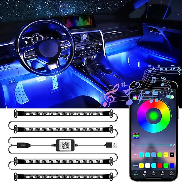 LivTee Accent Interior Car Lights, Smart Car Interior Lights with App Control, RGB LED Lights with Music Mode and DIY Mode, 2 Lines Design LED Lights for Cars with Charger, Car Accessories for Women