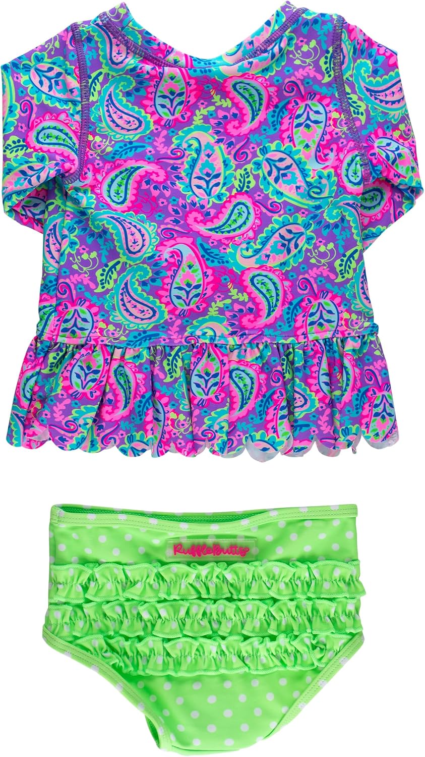 RuffleButts Baby/Toddler Girls Scalloped Long Sleeve Rash Guard 2-Piece UPF50+ Sun Protected Swimsuit
