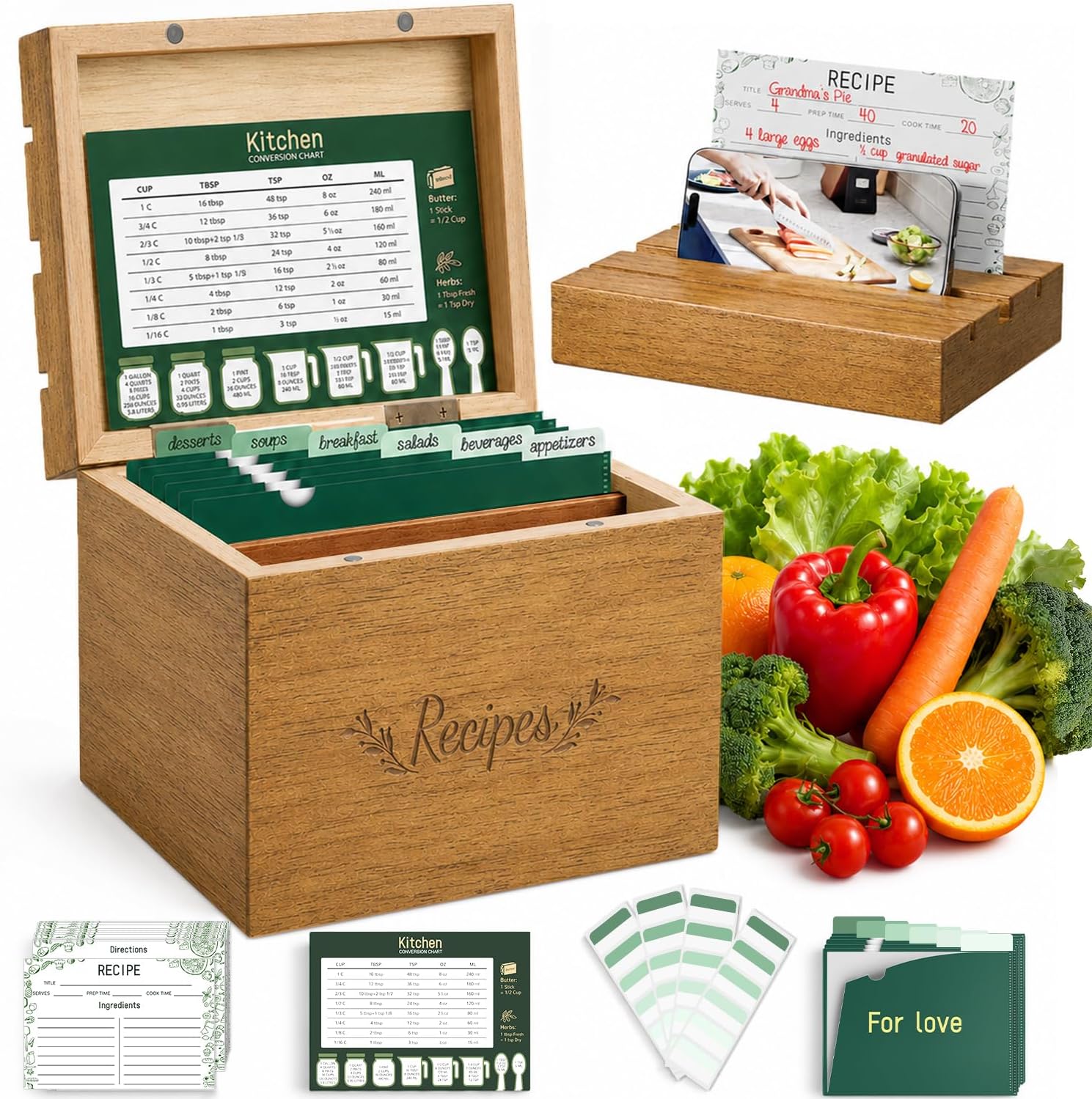 Recipe Box Set with 50 Recipe Cards & 12 Dividers, Solid Pine Wood Recipe Card Box Organizer, Family Recipe Keeper with Kitchen Conversion Cards & 24 tabs, Rustic Recipe Storage Box Gift for Kitchen