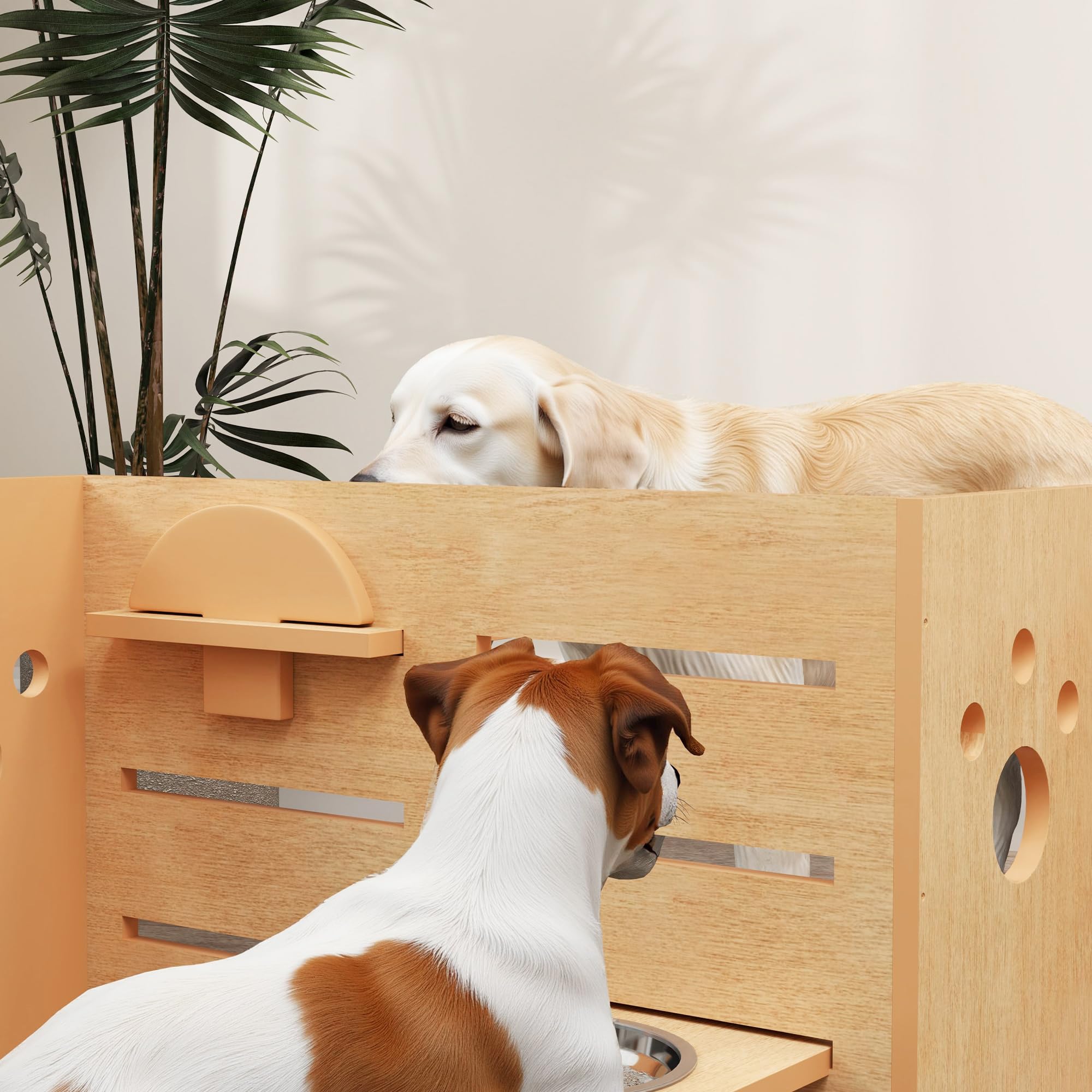 PawHut Ciotola per Cani rialzata di 3 Altezze Regolabili, Ciotola per Cani con 2 Ciotole in Acciaio Inox, Tappetino per Alimentazione Lento, Design Separato, per Cani Piccoli, Medi e Grandi, Rovere