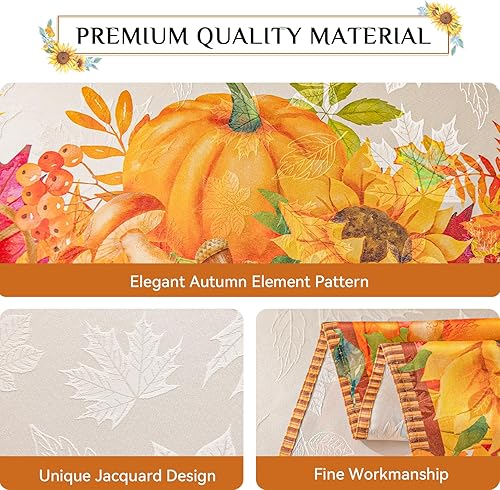 Miniatura 3 de Softalker Mantel rectangular de jacquard de Acción de Gracias, calabazas de cosecha de otoño, hojas de girasol, tela de damasco, lavable, de