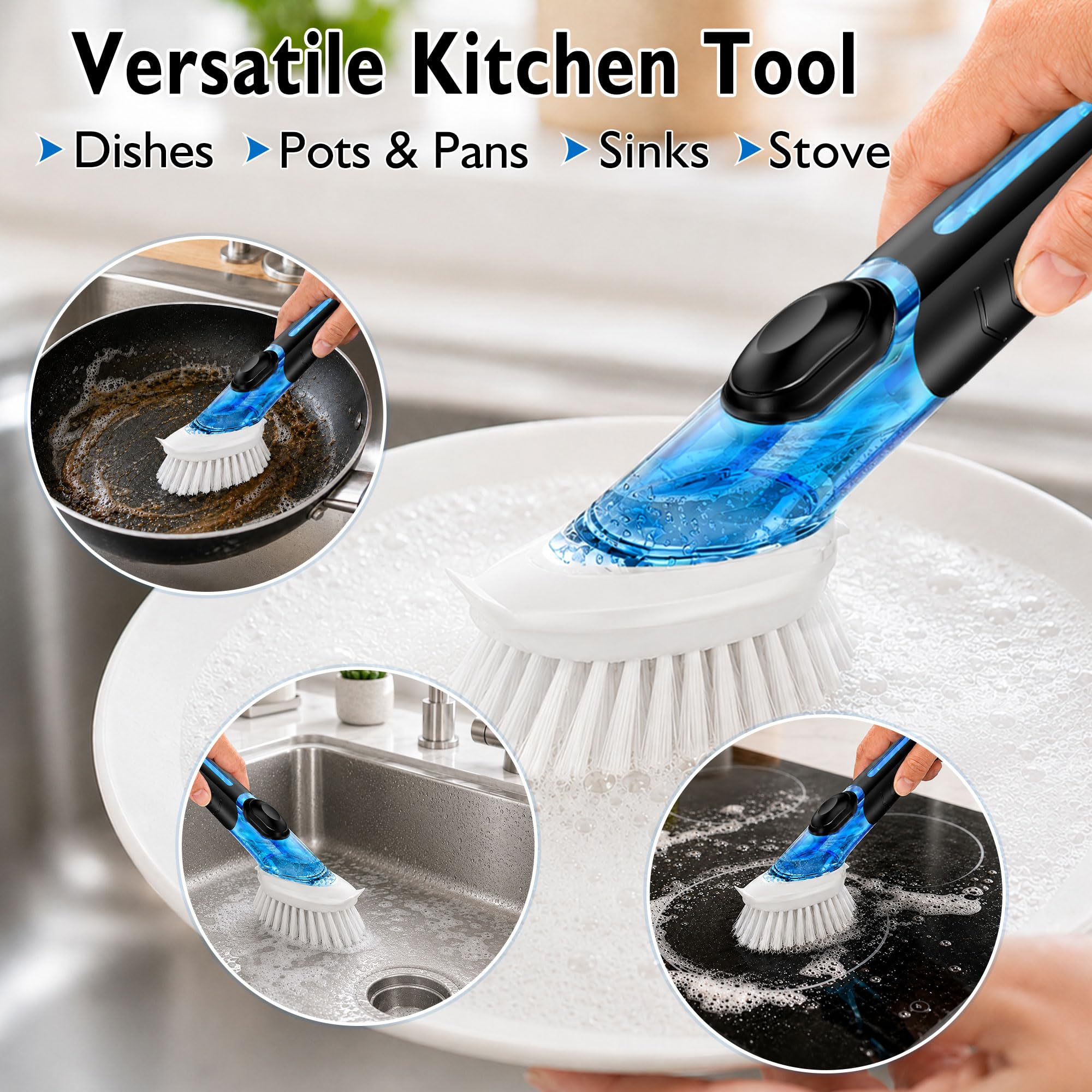 Soap Dispensing Dish Brush with Holder & 2 Replaceable Heads