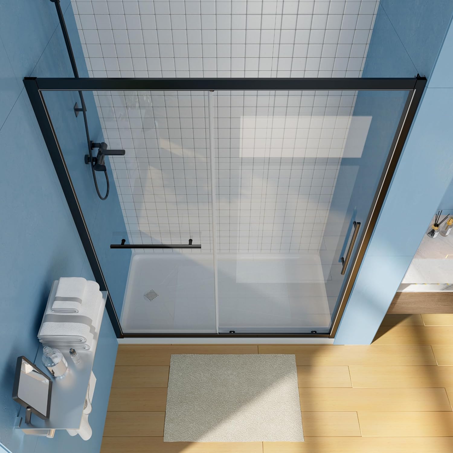 59.6-60 in. W Adjustable x 72 in. H Shower Door. 1/4" (6mm) GlassShield Coating Technology Tempered Glass. Matte Black Anodized Framed Shower Door. Alcove Installation