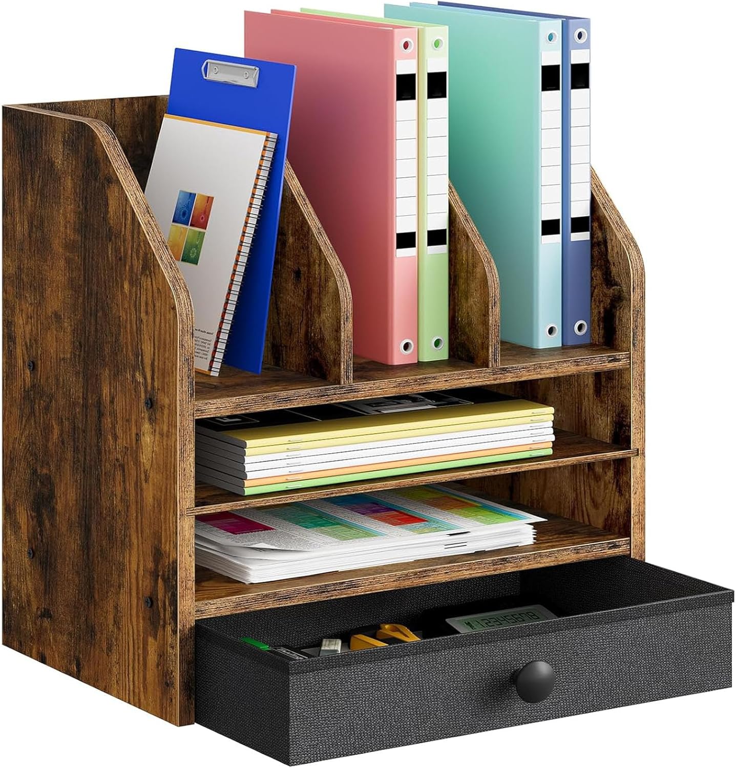 CHOEZON Wooden Desk Organizer with Removable Shelf and Fabric Drawer, Multi-Compartment Desktop File Holder for Home Office Storage, Desktop Mail Organizer, Rustic Brown MWJ05FG