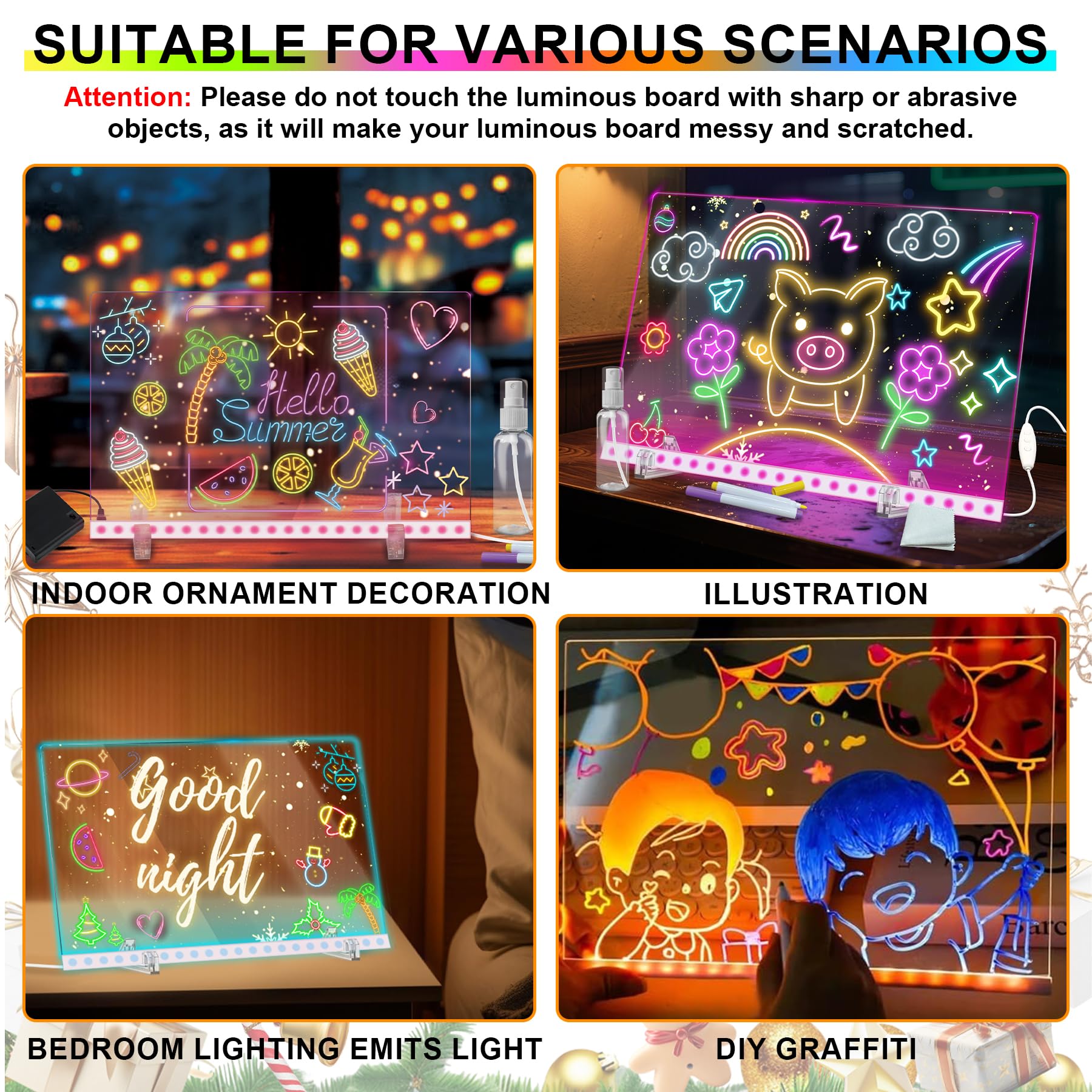 Tablero de dibujo LED con colores, 14 x 10 pulgadas, 3 modos y 7 colores de iluminación acrílica de borrado en seco, tablero de notas LED iluminado con soporte y 7 marcadores, tableta de escritura LED 6