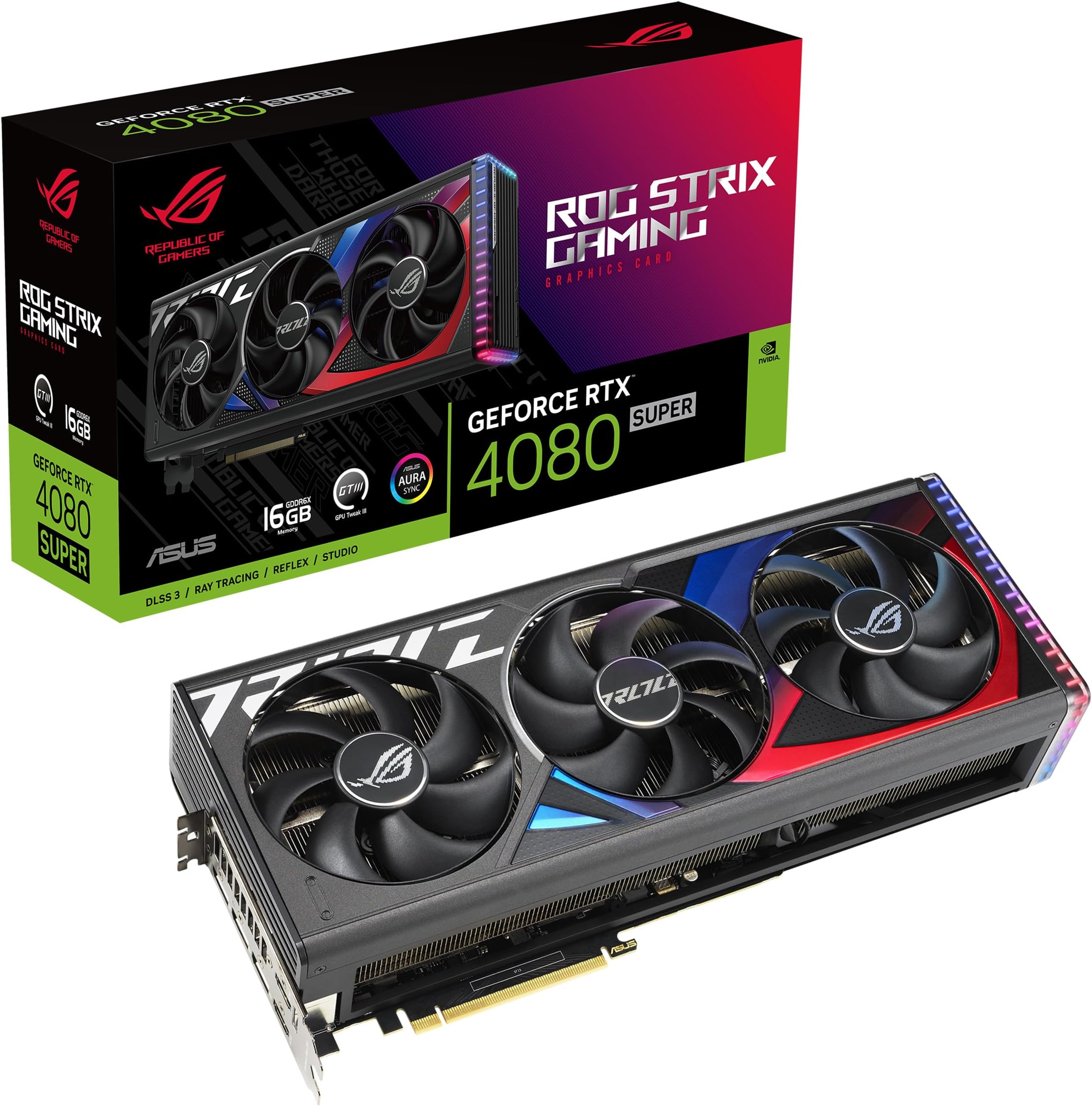 ROG Strix GeForce RTX™ 4080 Super Gaming Graphics Card (PCIe 4.0, 16GB GDDR6X, DLSS 3, HDMI 2.1a, DisplayPort 1.4a, Vapor Chamber, Massive Vented Backplate, Power Sensing, Aura Sync)
